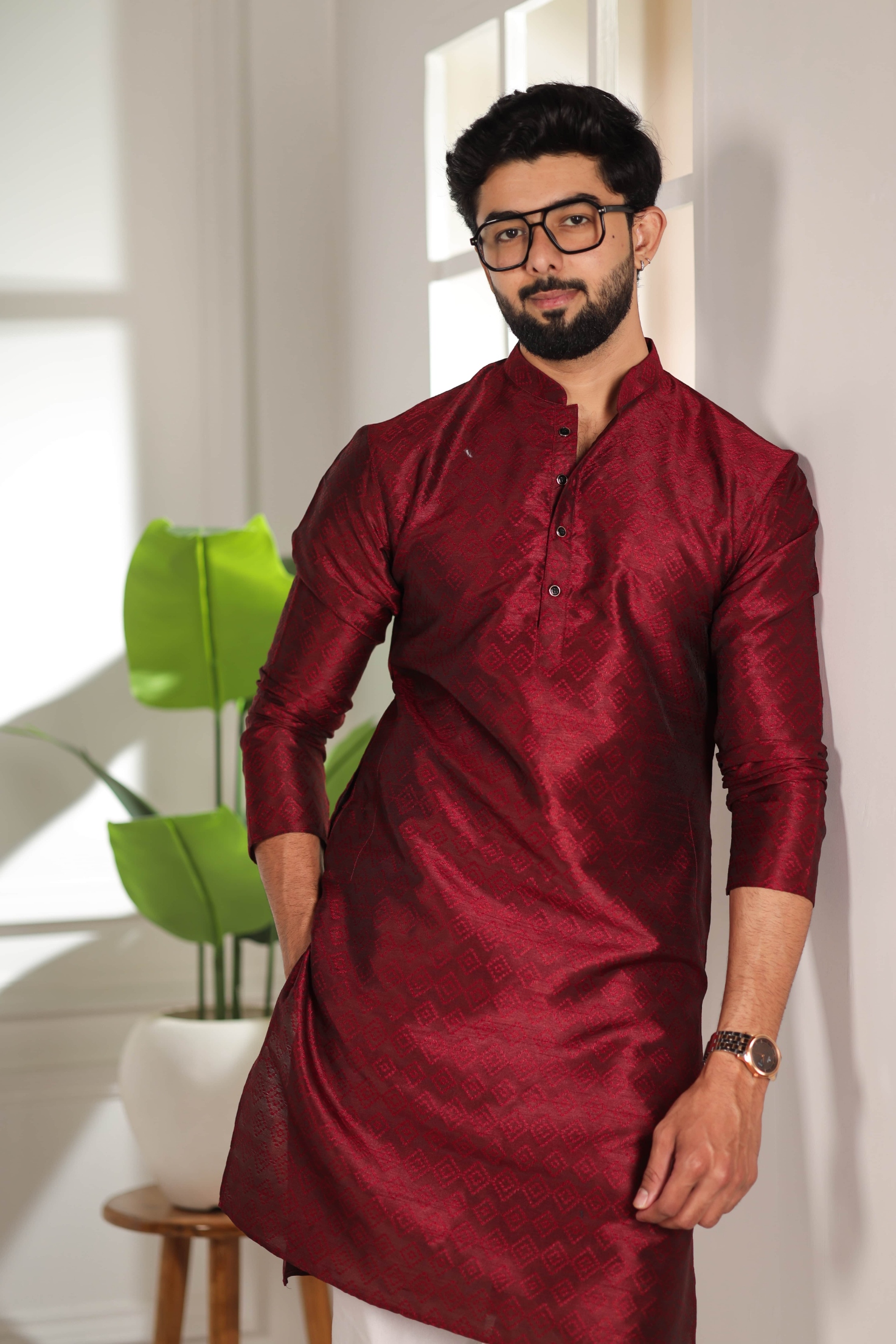 Maroon Woven Pattern Art Silk Kurta Pyjama