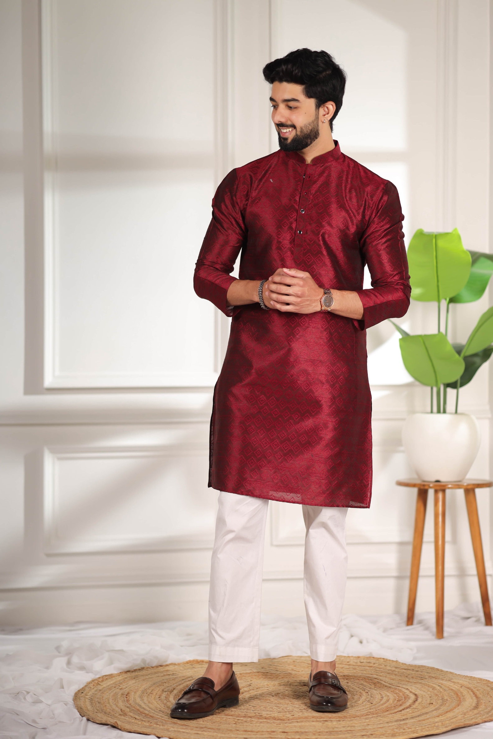 Maroon Woven Pattern Art Silk Kurta Pyjama