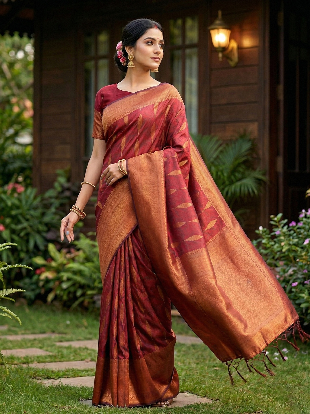 Maroon Woven Silk Blend Saree