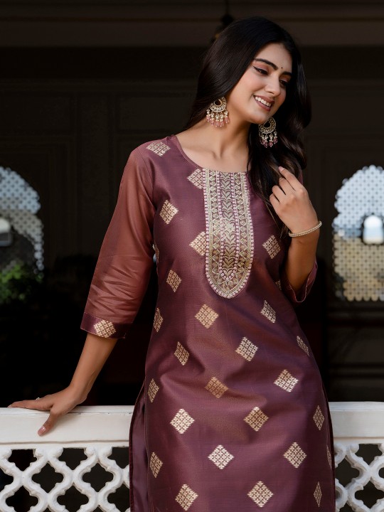 Maroon Woven Zari Embroidered Silk Blend Kurti