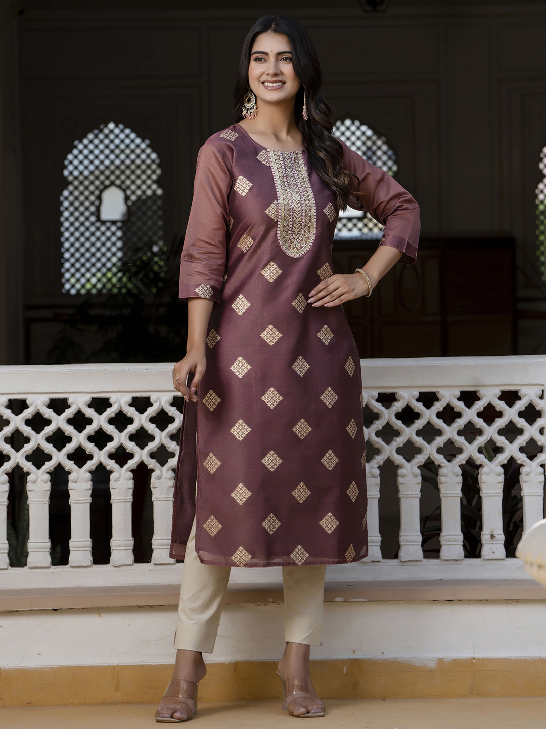 Maroon Woven Zari Embroidered Silk Blend Kurti