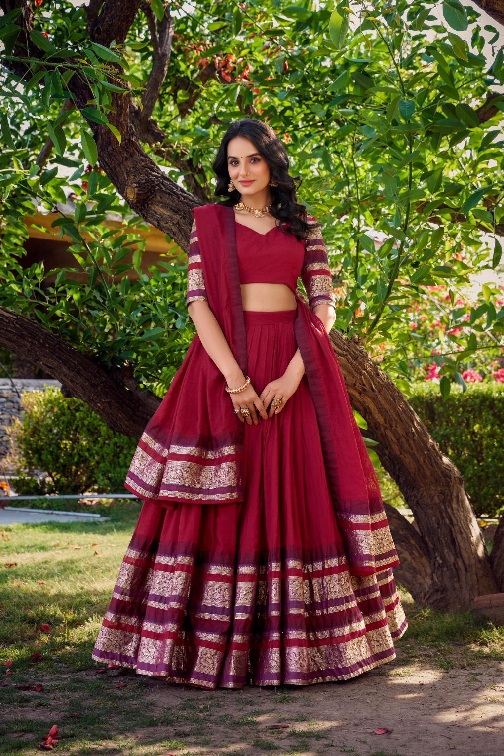 Maroon Zari Chanderi Lehenga Choli