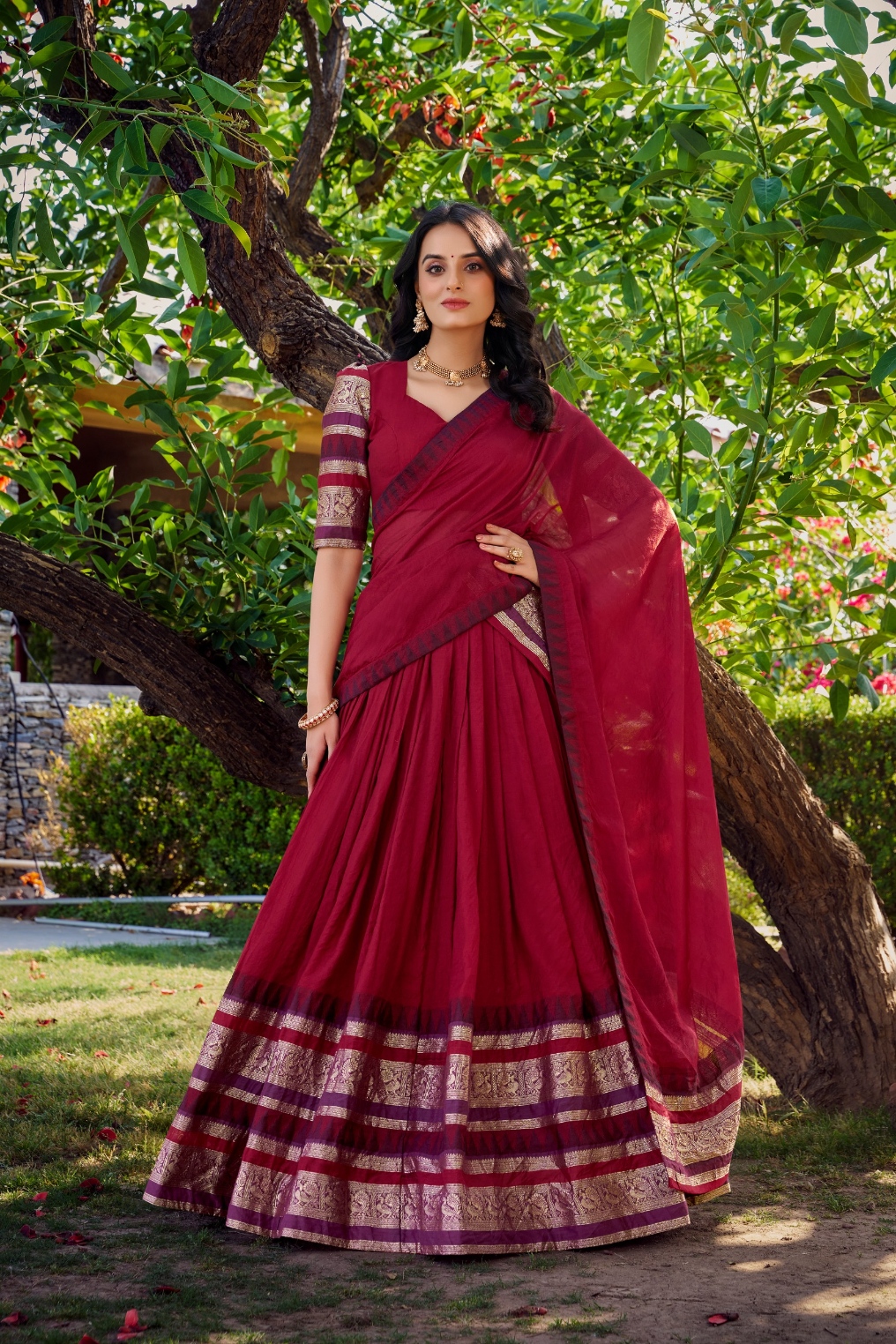 Maroon Zari Chanderi Lehenga Choli