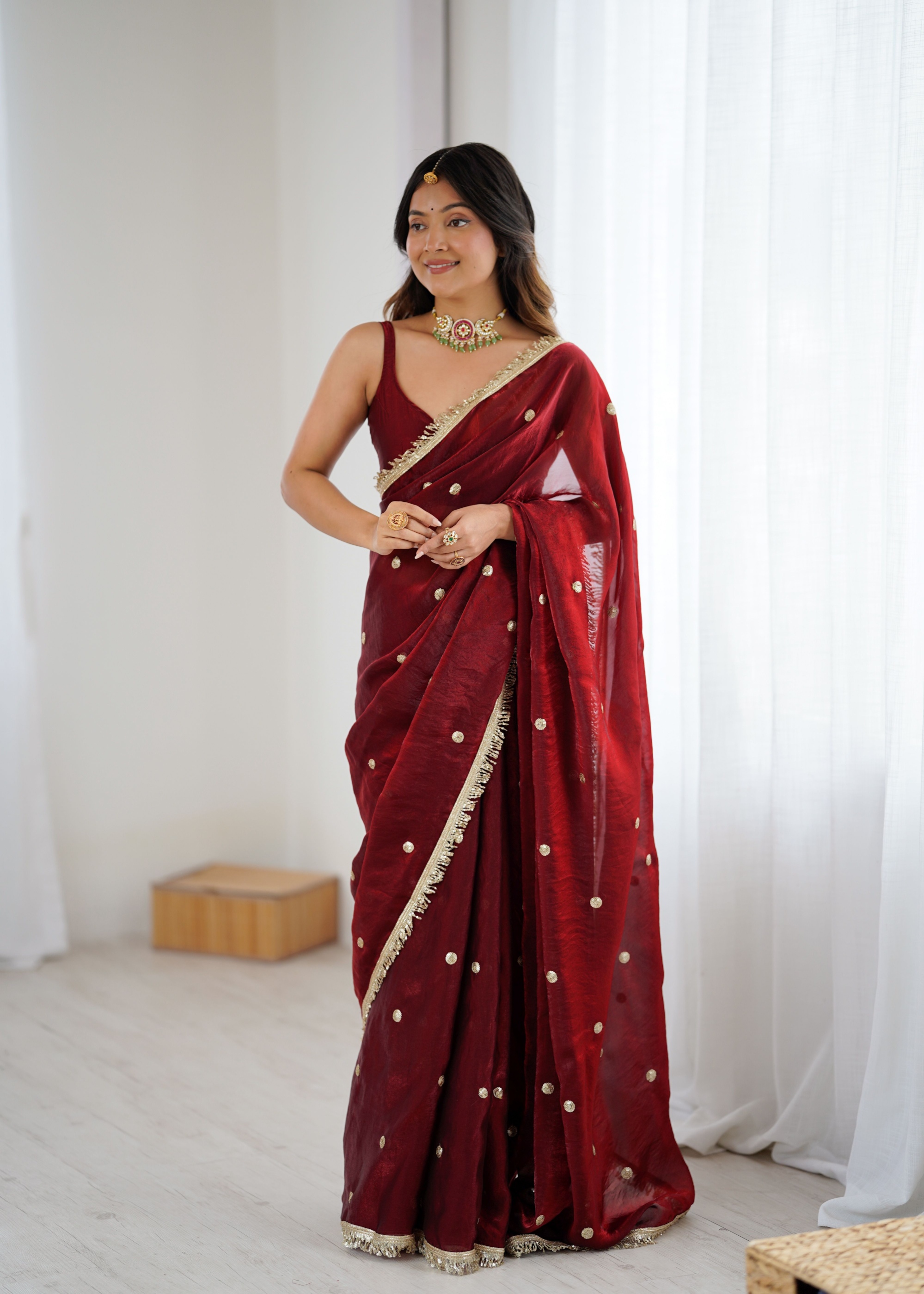 Maroon Zari Sequin Fendy Satin Saree