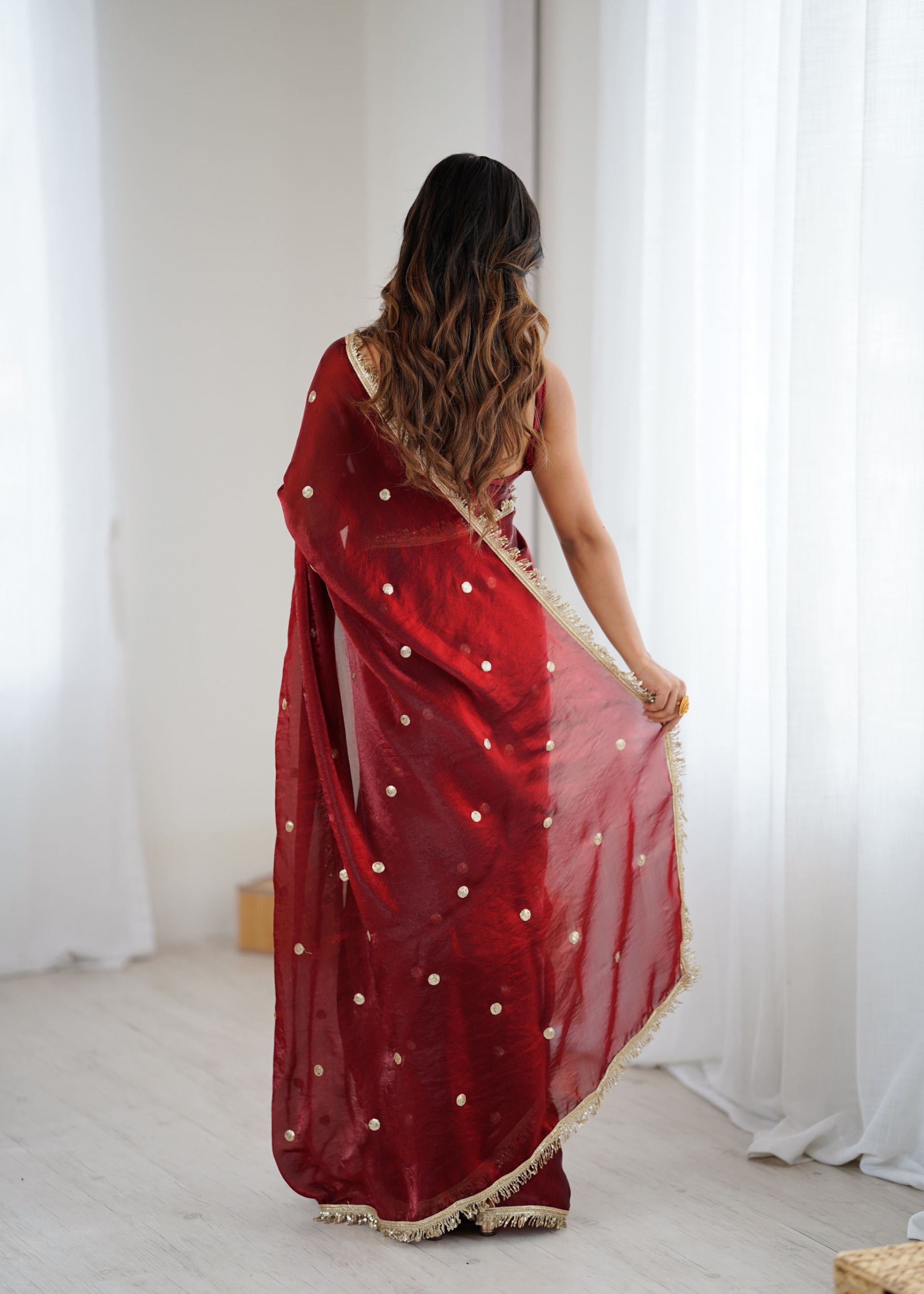 Maroon Zari Sequin Fendy Satin Saree — alternate view