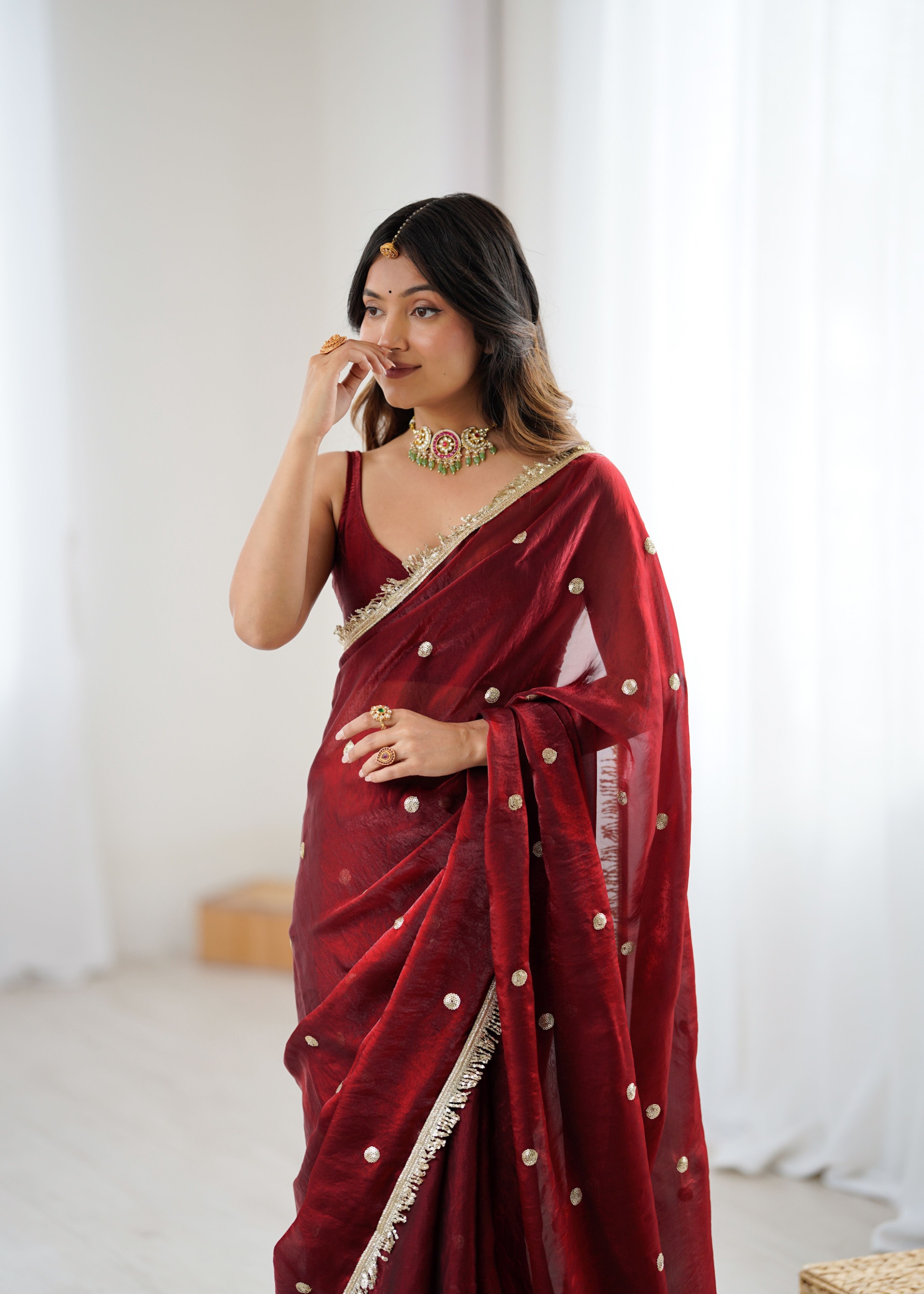 Maroon Zari Sequin Fendy Satin Saree