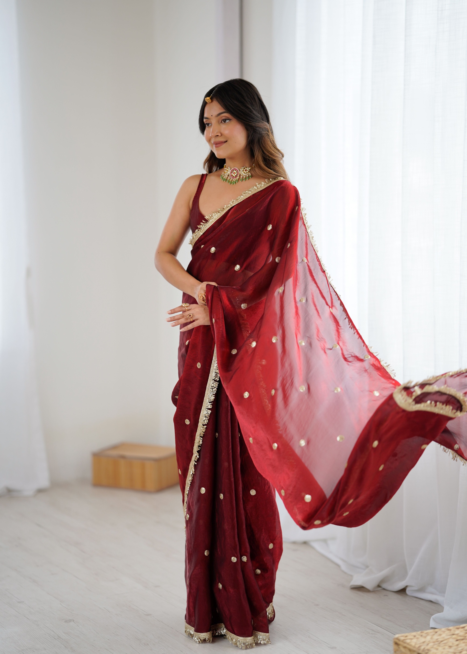 Maroon Zari Sequin Fendy Satin Saree