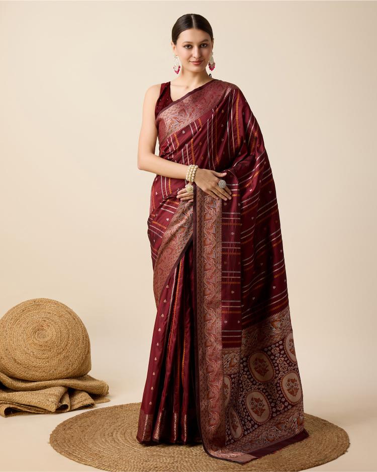 Maroon Zari Woven Jacquard Silk Saree