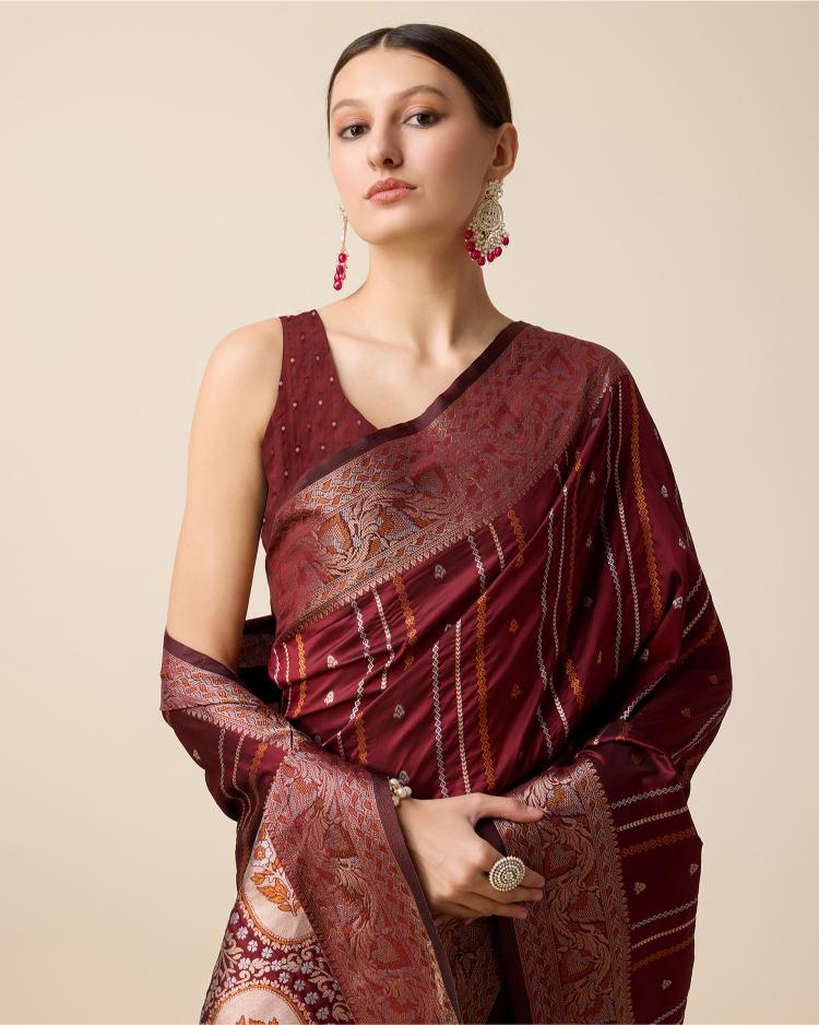 Maroon Zari Woven Jacquard Silk Saree