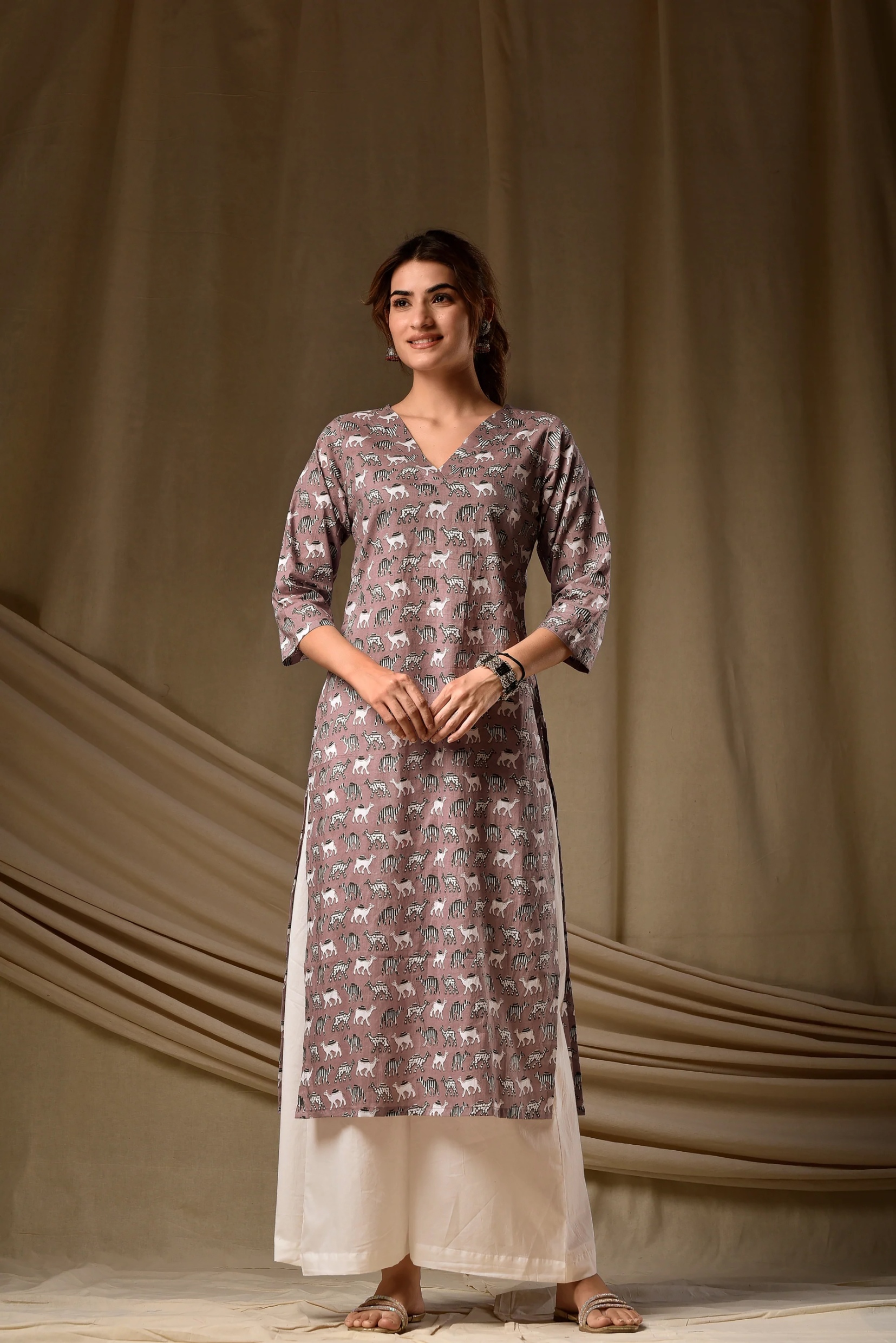 Mauve Animal Printed Rayon Kurti