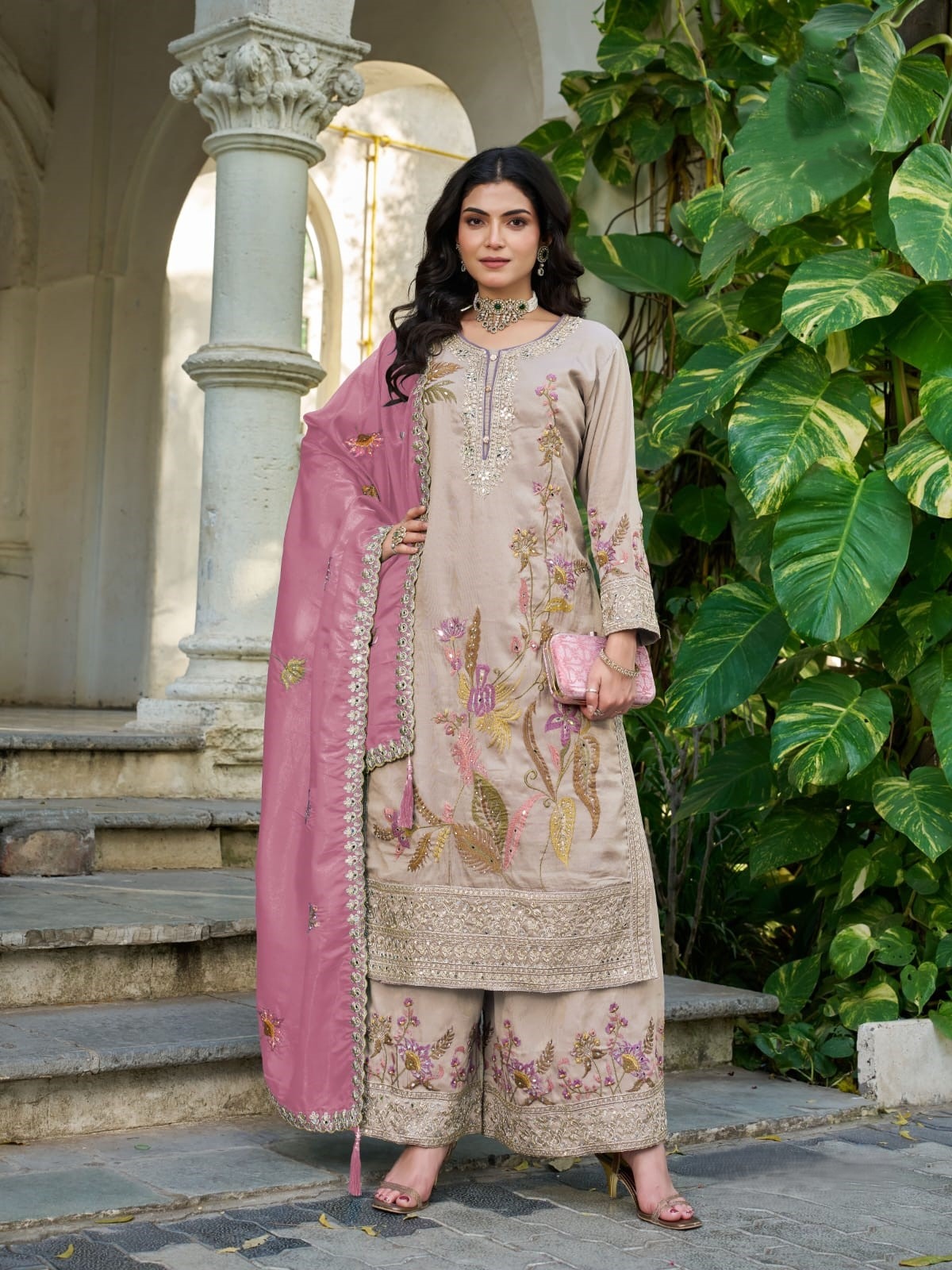 Mauve Botanical Embroidery Shimmer Palazzo Suit