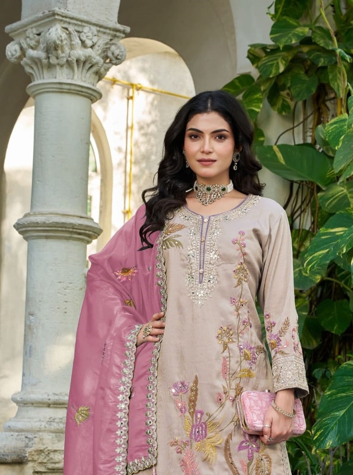 Mauve Botanical Embroidery Shimmer Palazzo Suit — alternate view