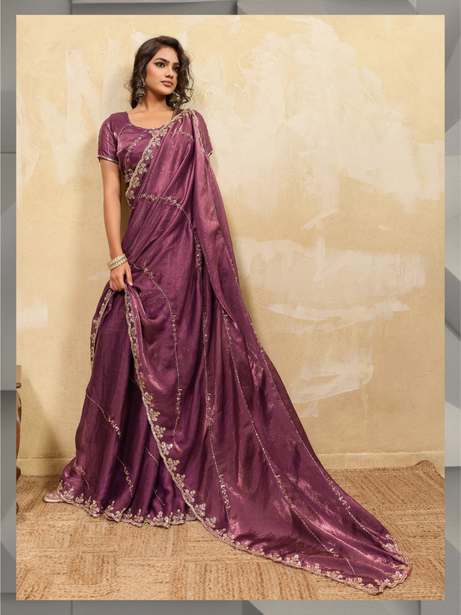 Mauve Botanical Zari Metallic Velvet Satin Saree