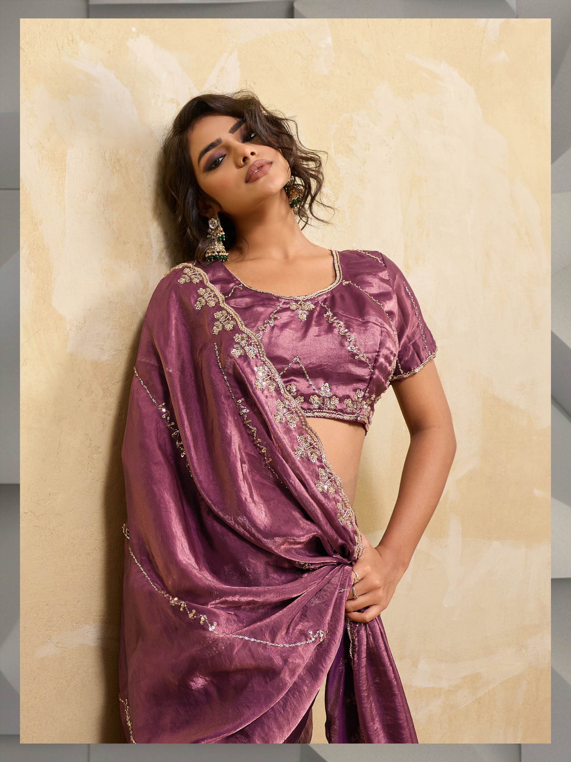Mauve Botanical Zari Metallic Velvet Satin Saree — alternate view