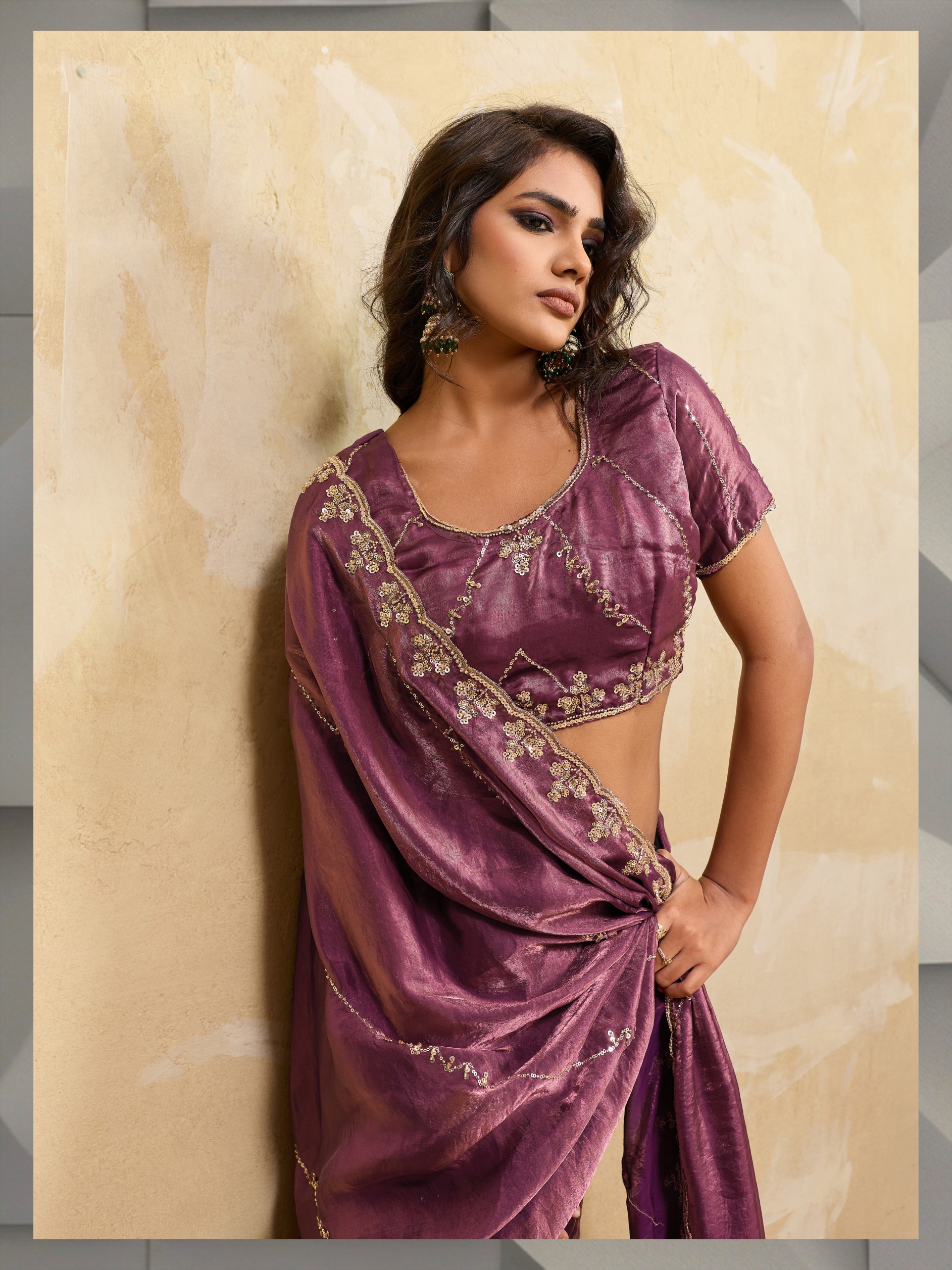 Mauve Botanical Zari Metallic Velvet Satin Saree