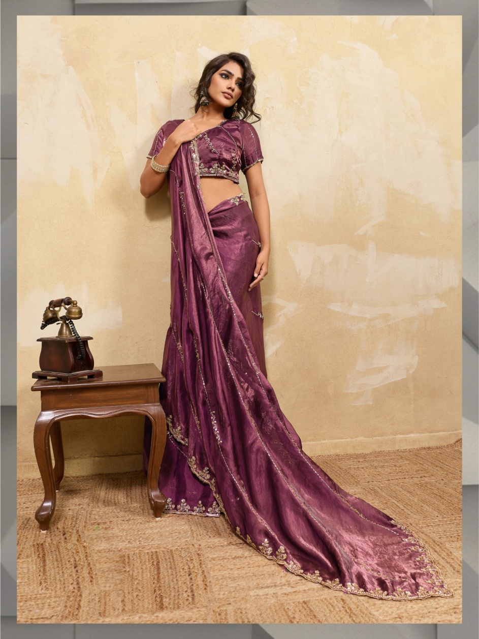 Mauve Botanical Zari Metallic Velvet Satin Saree