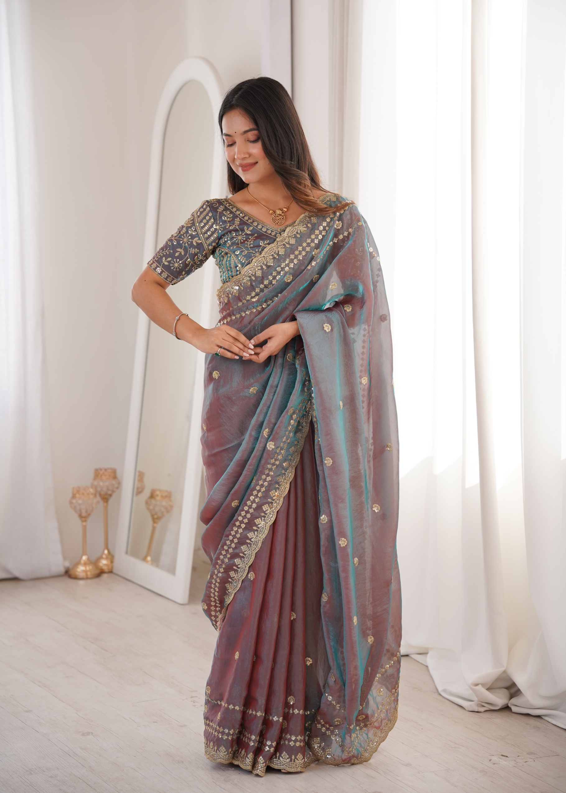 Mauve Contemporary Fendy Satin Saree