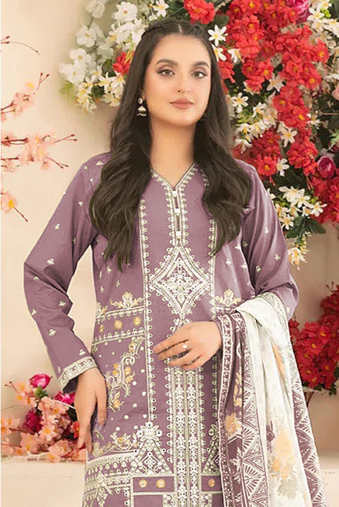 Mauve Cotton Designer Embroidered Straight Pant Suit — alternate view