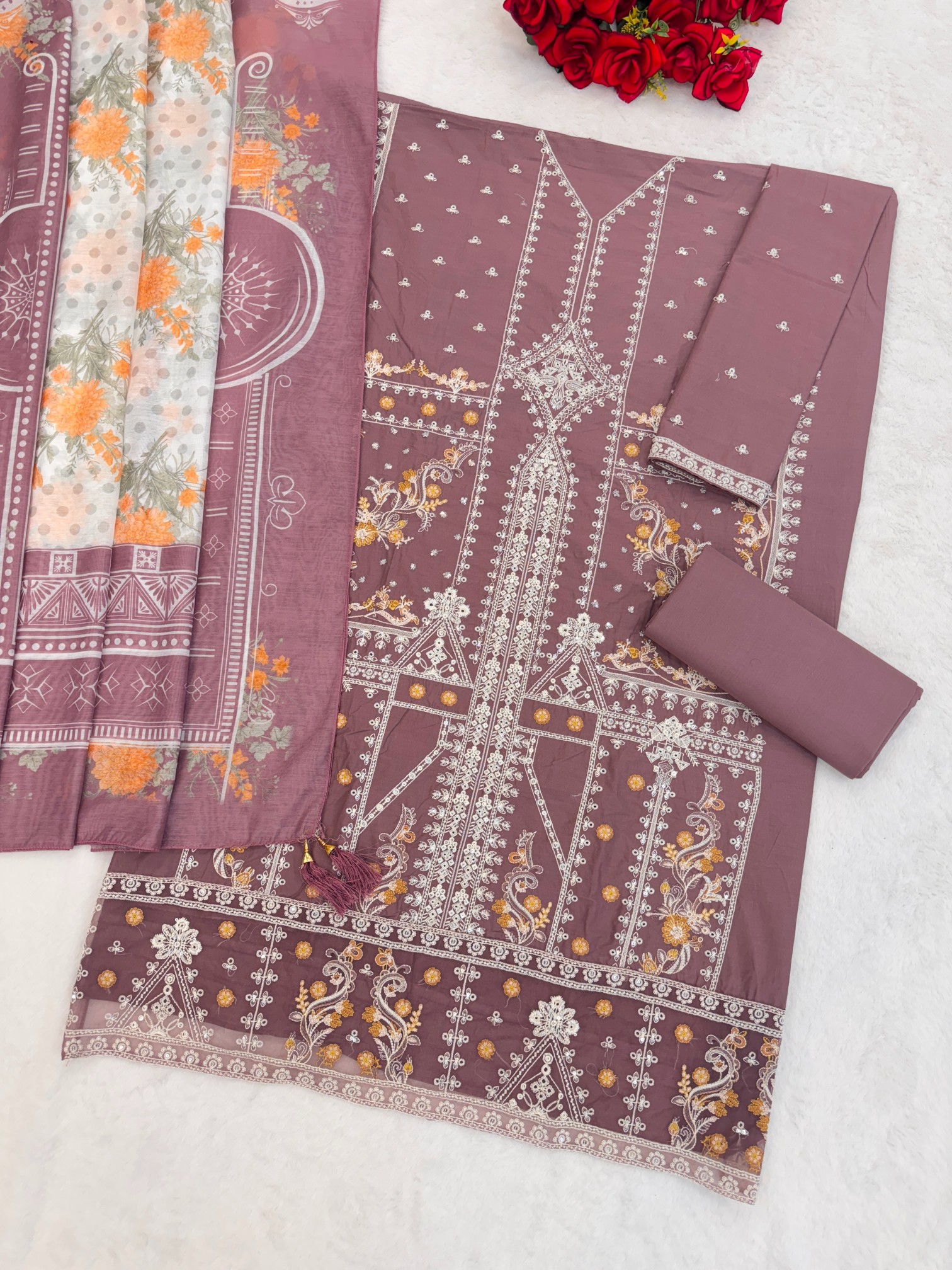 Mauve Cotton Designer Embroidered Straight Pant Suit