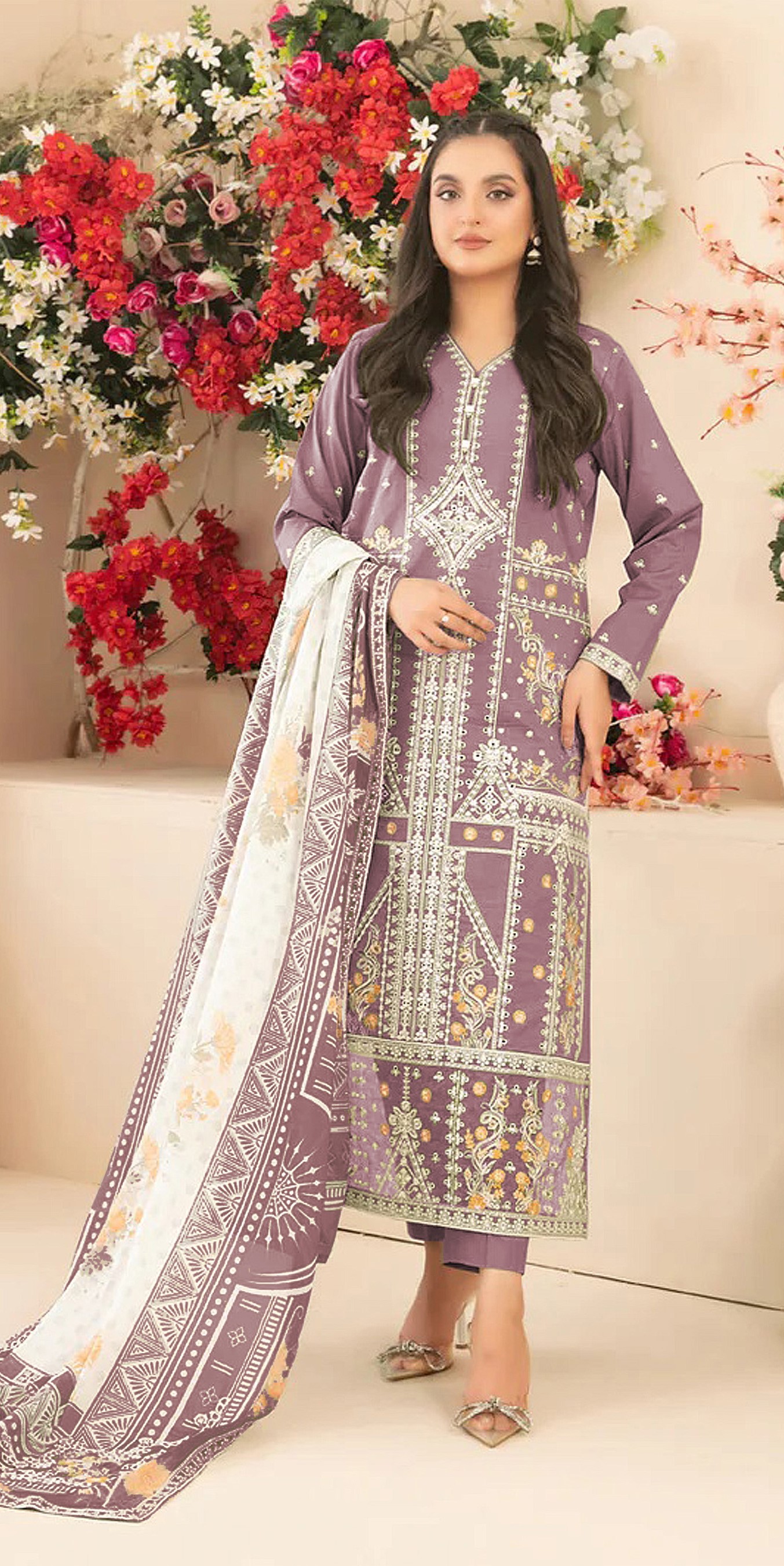Mauve Cotton Designer Embroidered Straight Pant Suit