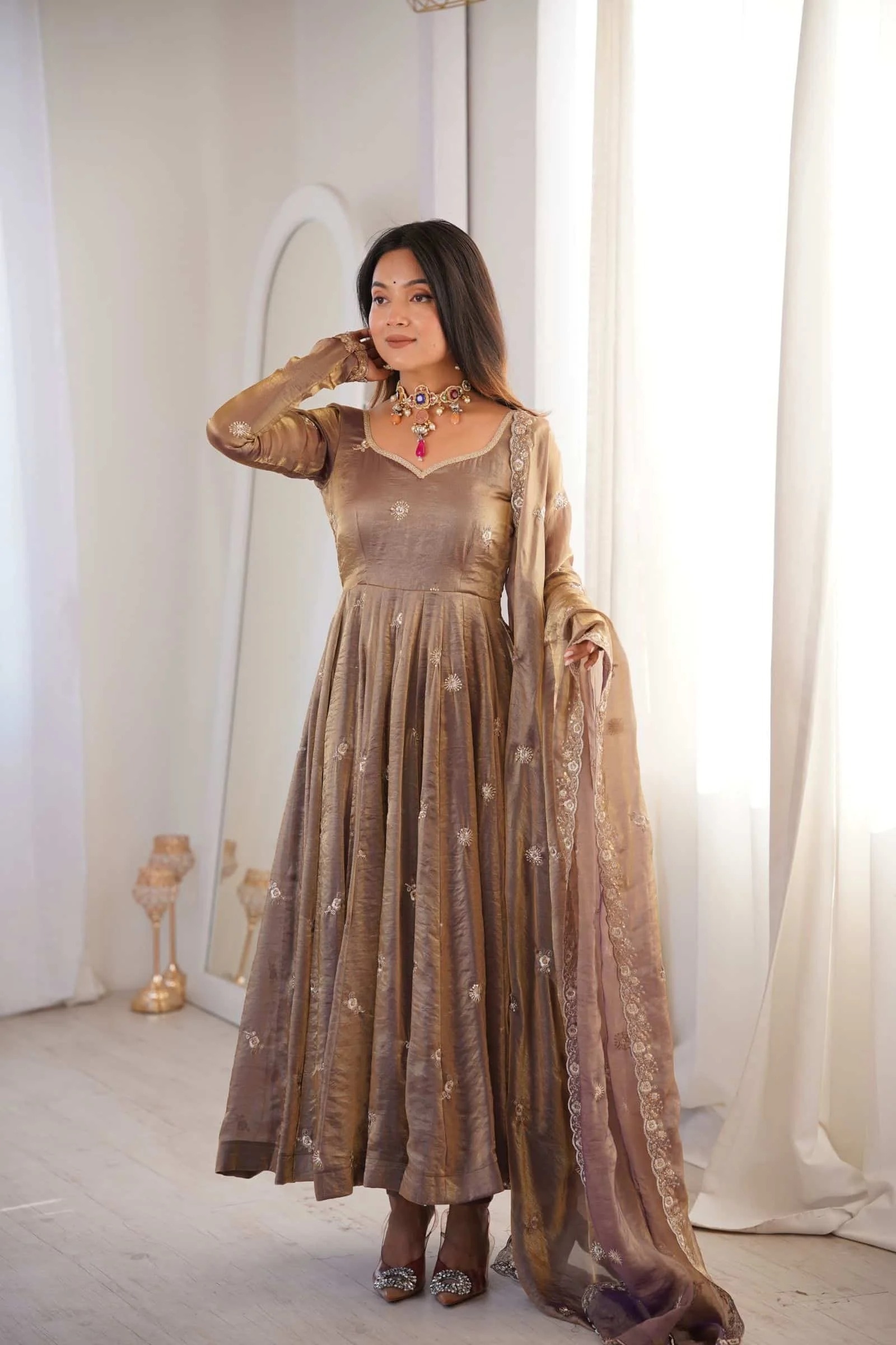Mauve Designer Embroidery Fendy Satin Anarkali Suit