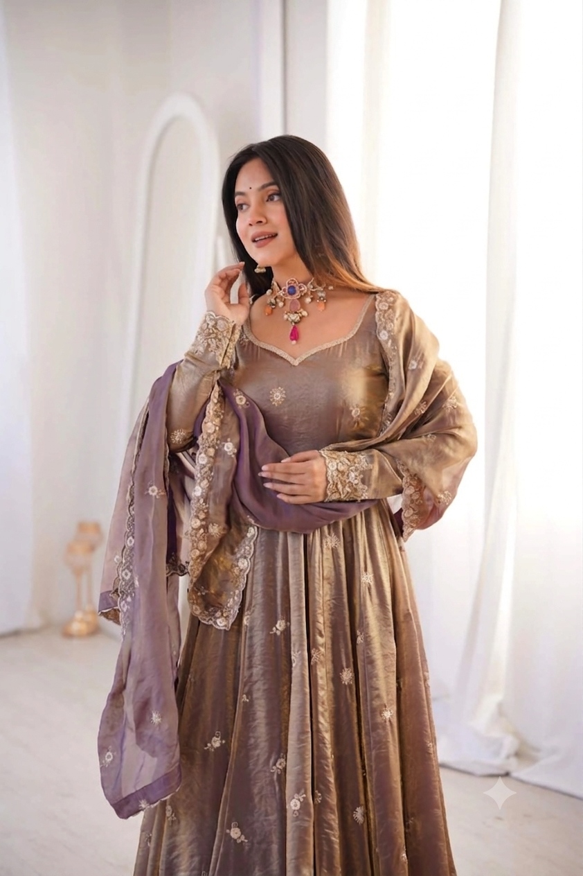 Mauve Designer Embroidery Fendy Satin Anarkali Suit