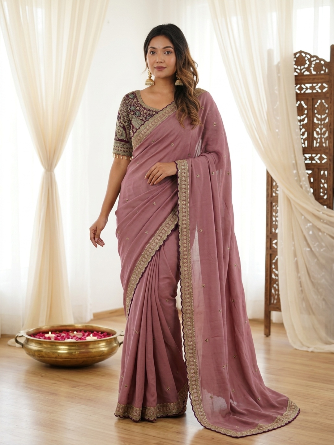 Mauve Designer Embroidery Rangoli Silk Saree