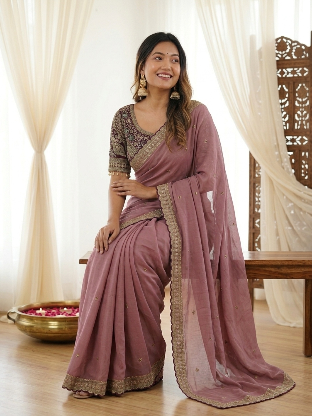 Mauve Designer Embroidery Rangoli Silk Saree