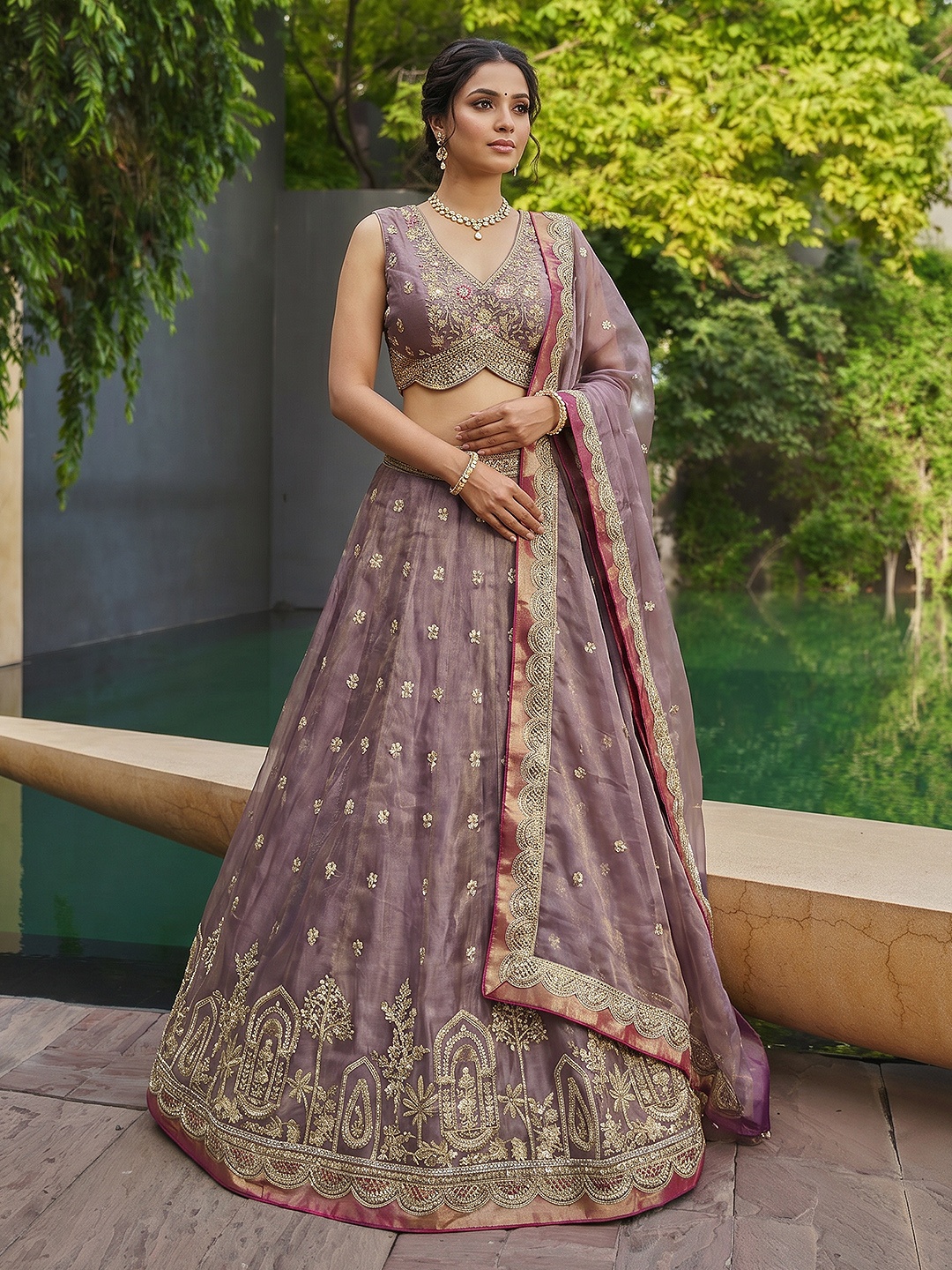 Mauve Designer Sequins Embroidery Work Tissue Lehenga Choli
