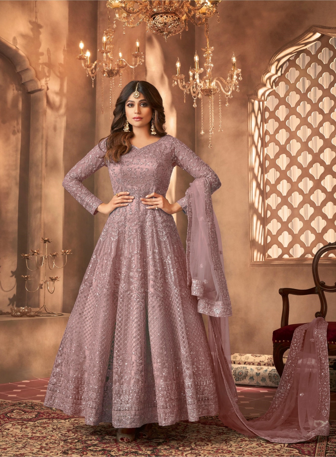 Mauve Embroidered Net Anarkali Suit