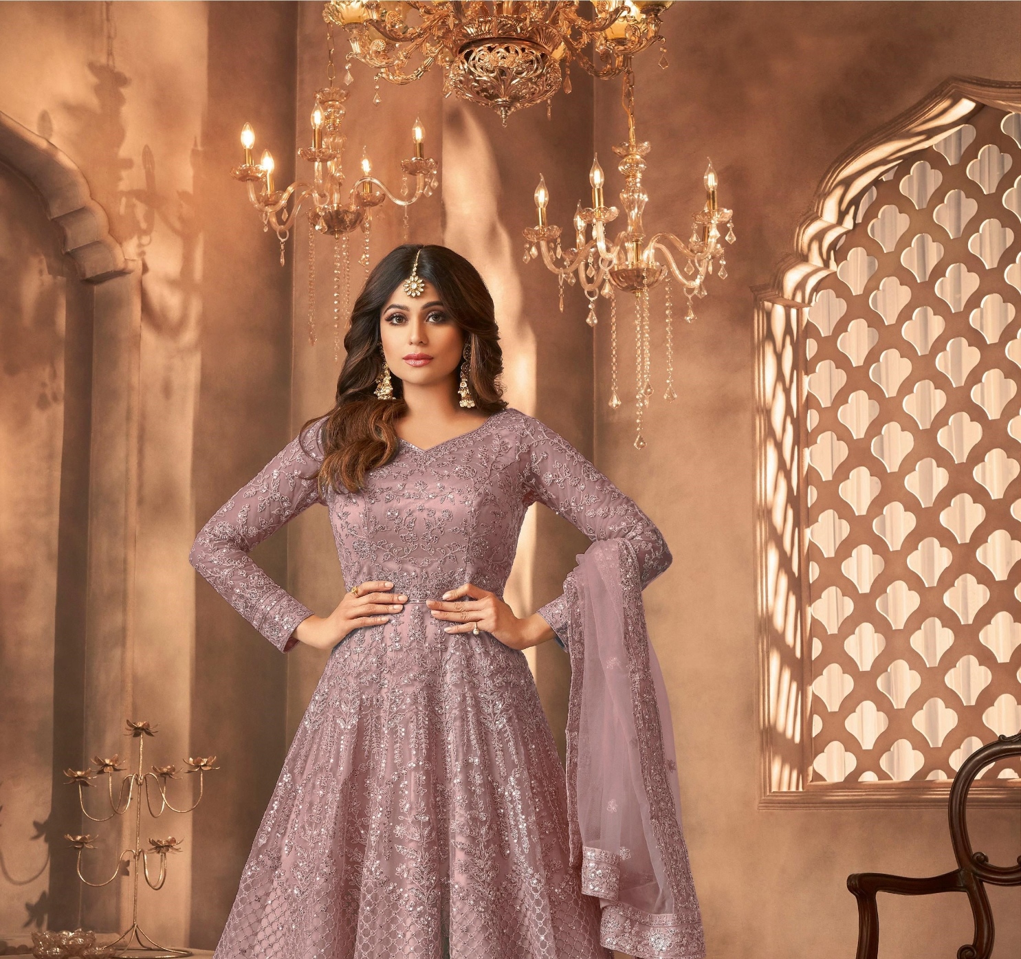 Mauve Embroidered Net Anarkali Suit — alternate view