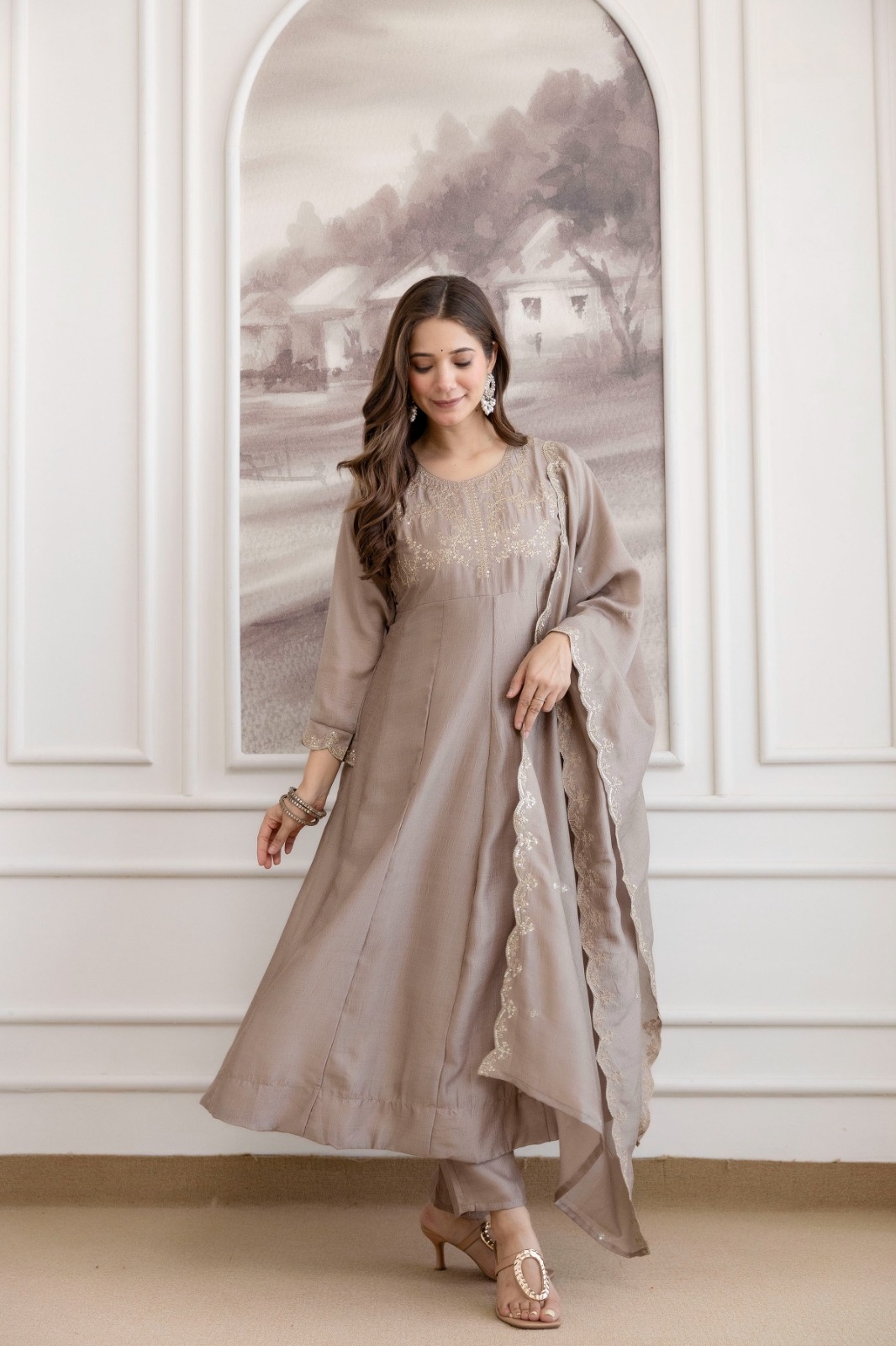 Mauve Embroidered Vichitra Anarkali Suit