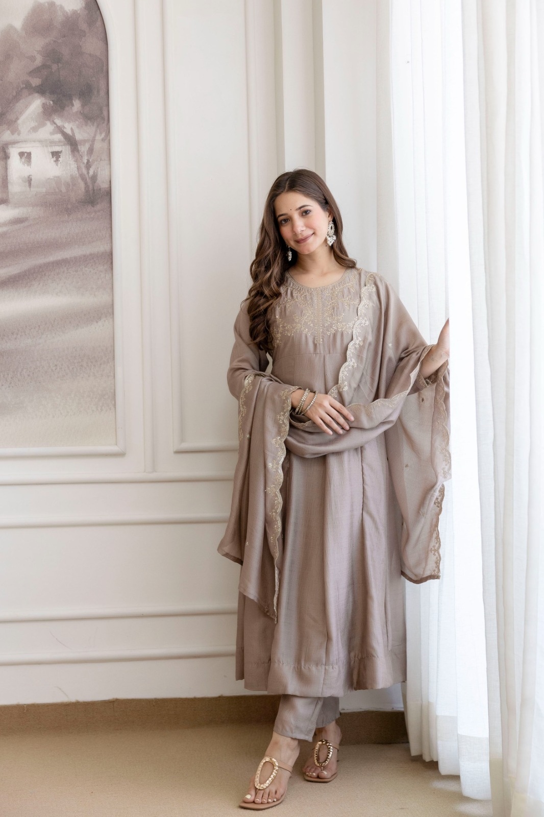 Mauve Embroidered Vichitra Anarkali Suit