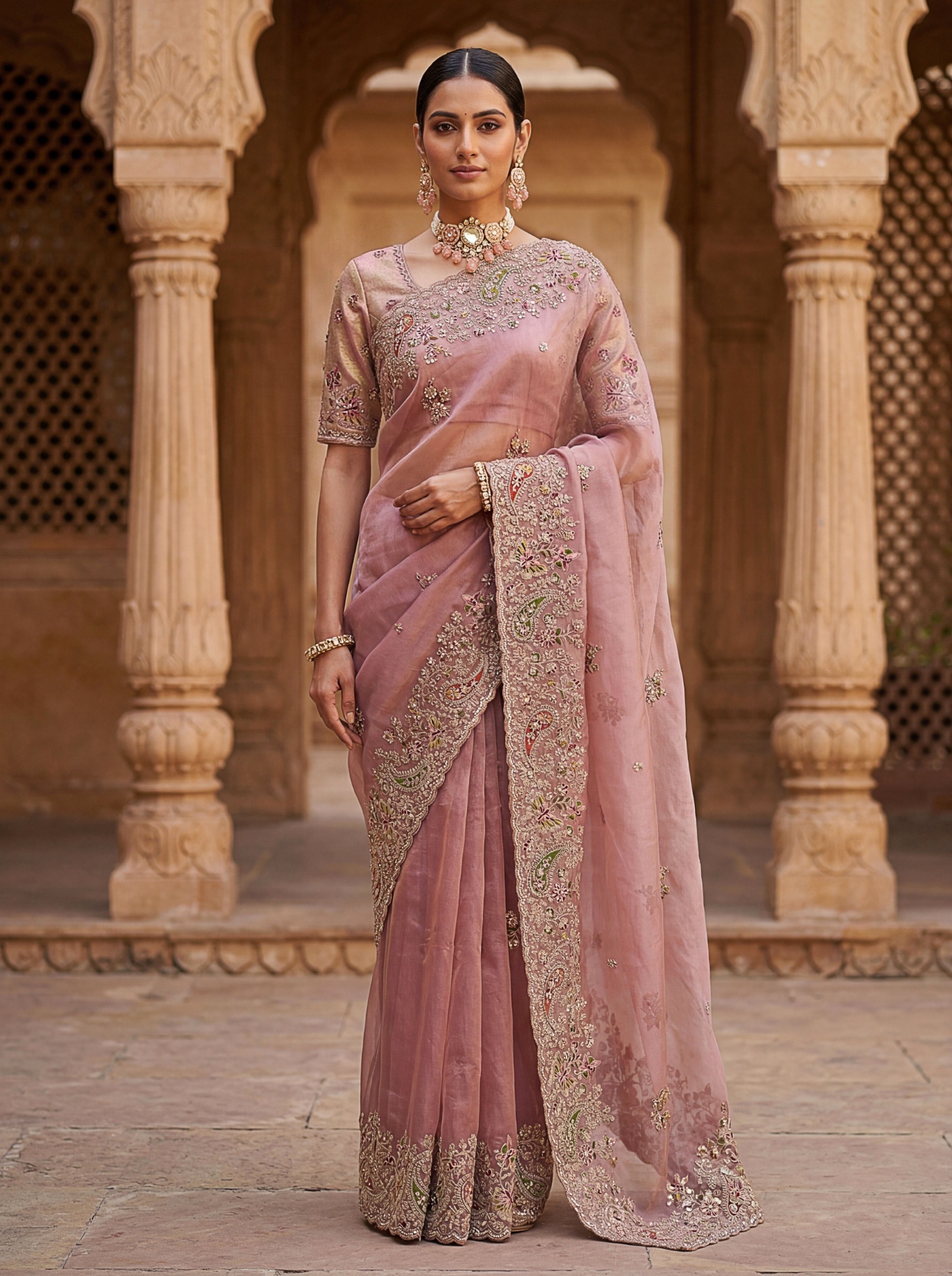 Mauve Ethnic Motif Embroidered Gabana Silk Saree