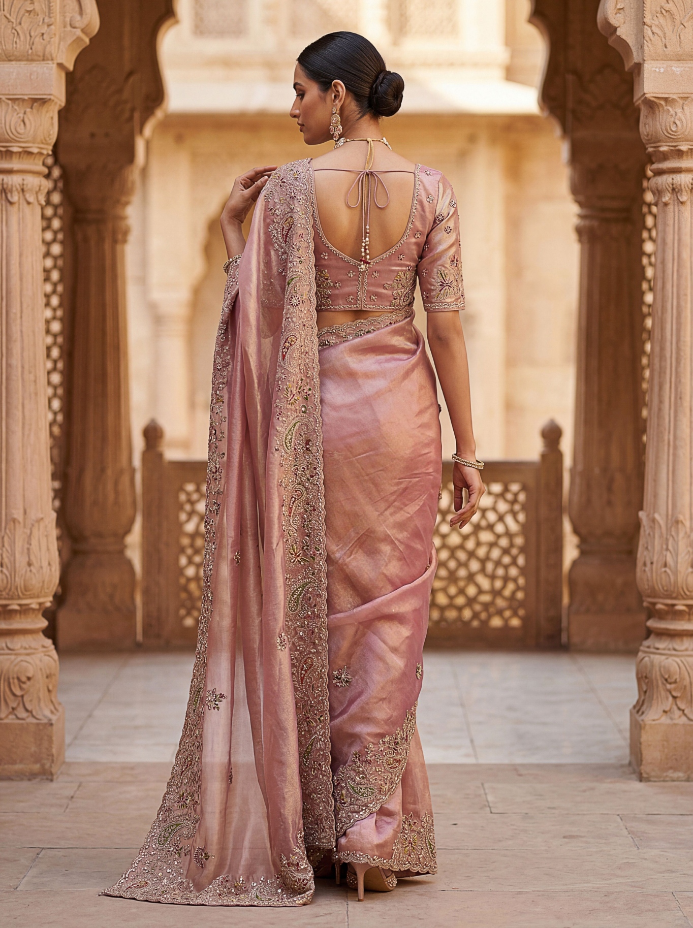 Mauve Ethnic Motif Embroidered Gabana Silk Saree — alternate view