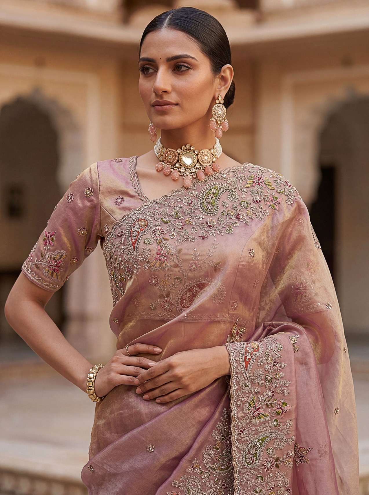 Mauve Ethnic Motif Embroidered Gabana Silk Saree