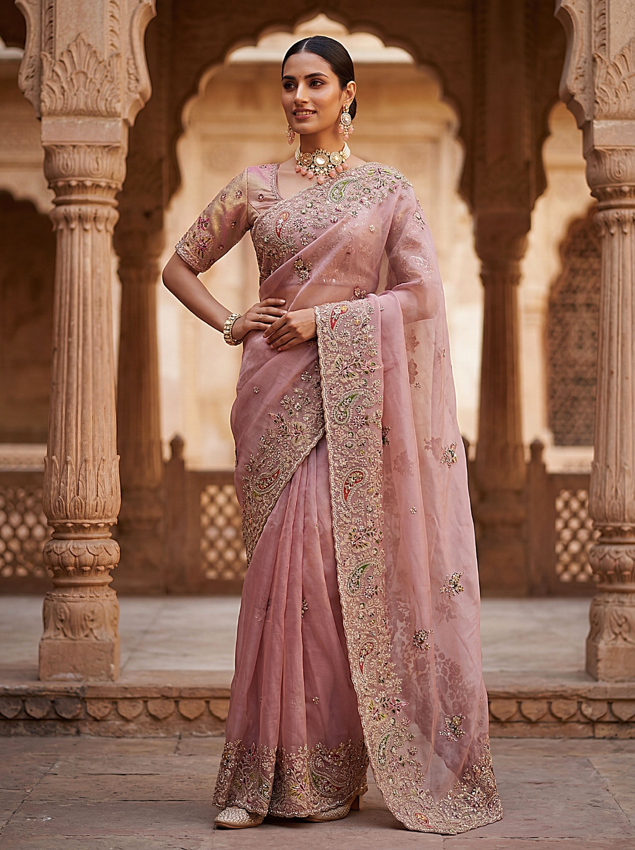 Mauve Ethnic Motif Embroidered Gabana Silk Saree