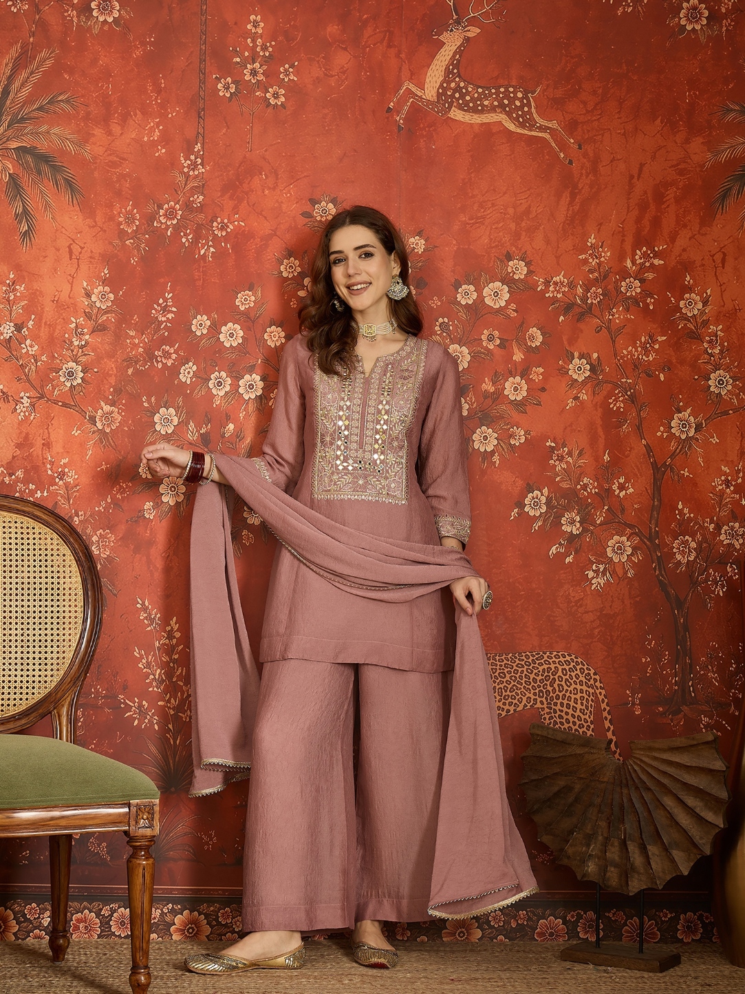 Mauve Floral Designer Embroidery Silk Refined Palazzo Suit