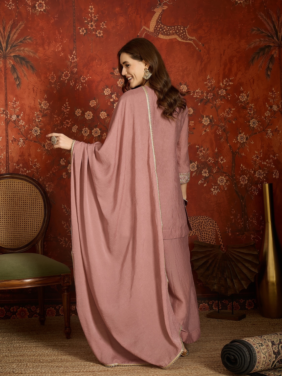 Mauve Floral Designer Embroidery Silk Refined Palazzo Suit — alternate view