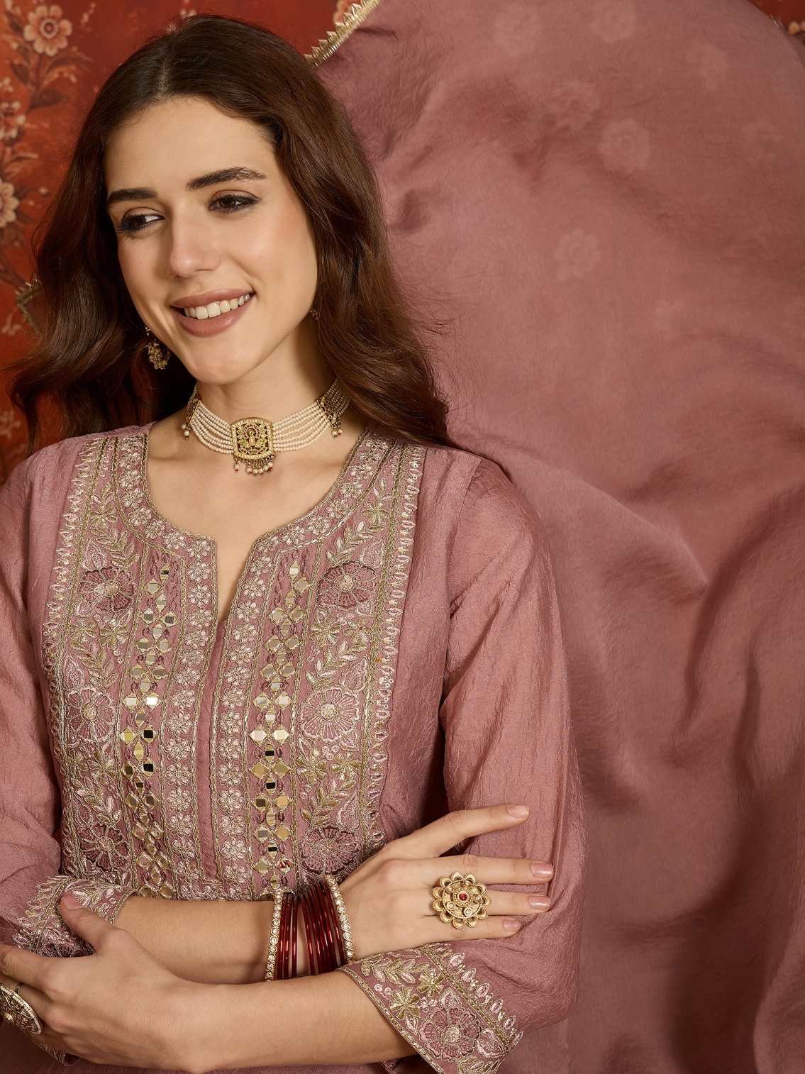 Mauve Floral Designer Embroidery Silk Refined Palazzo Suit