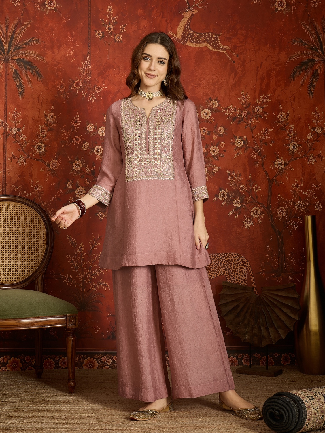 Mauve Floral Designer Embroidery Silk Refined Palazzo Suit