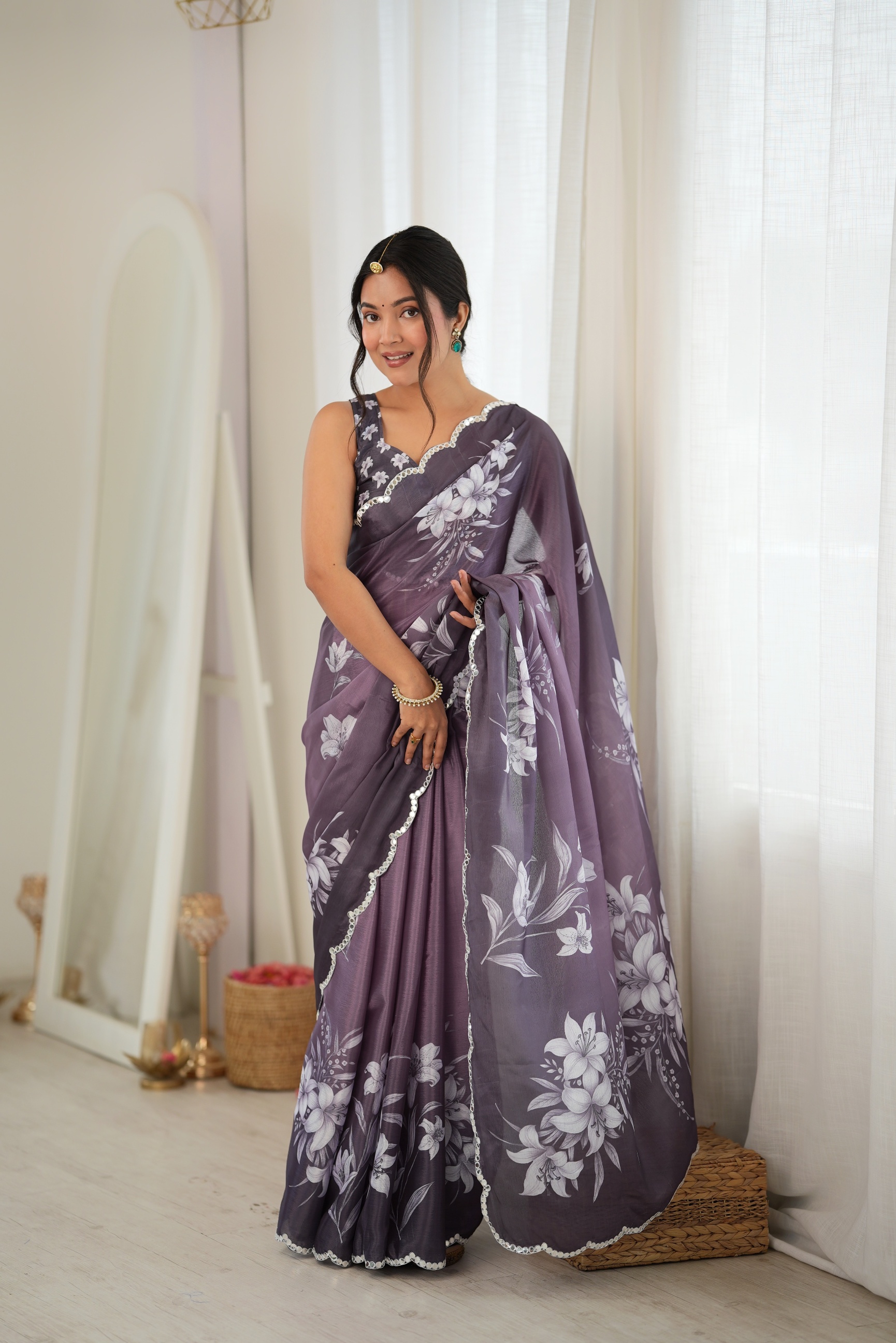 Mauve Floral Digital Printed Chinon Saree