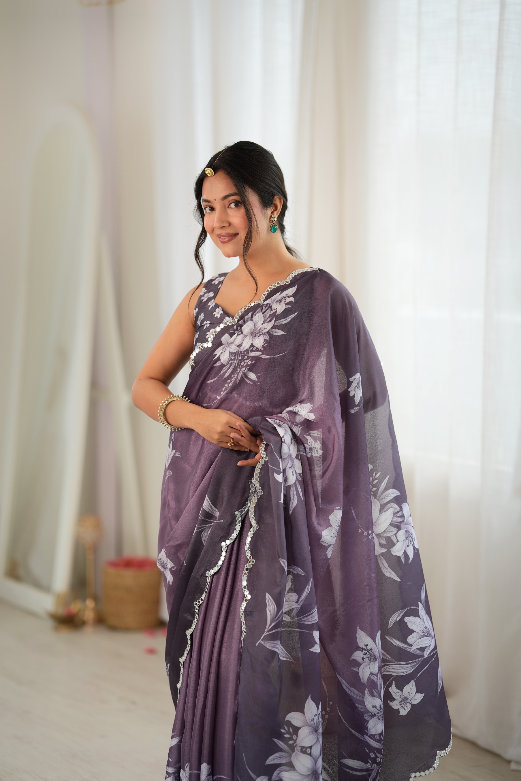Mauve Floral Digital Printed Chinon Saree