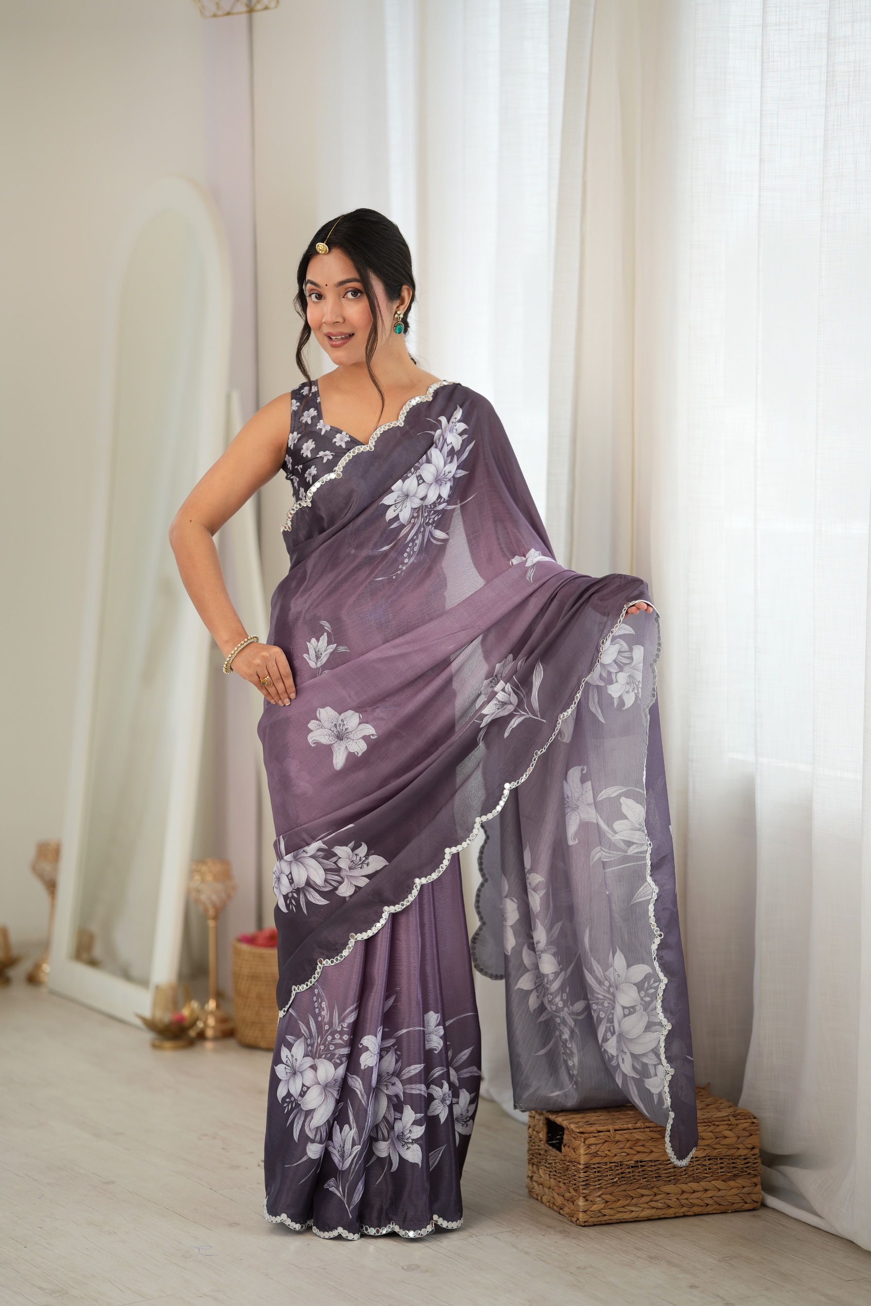 Mauve Floral Digital Printed Chinon Saree