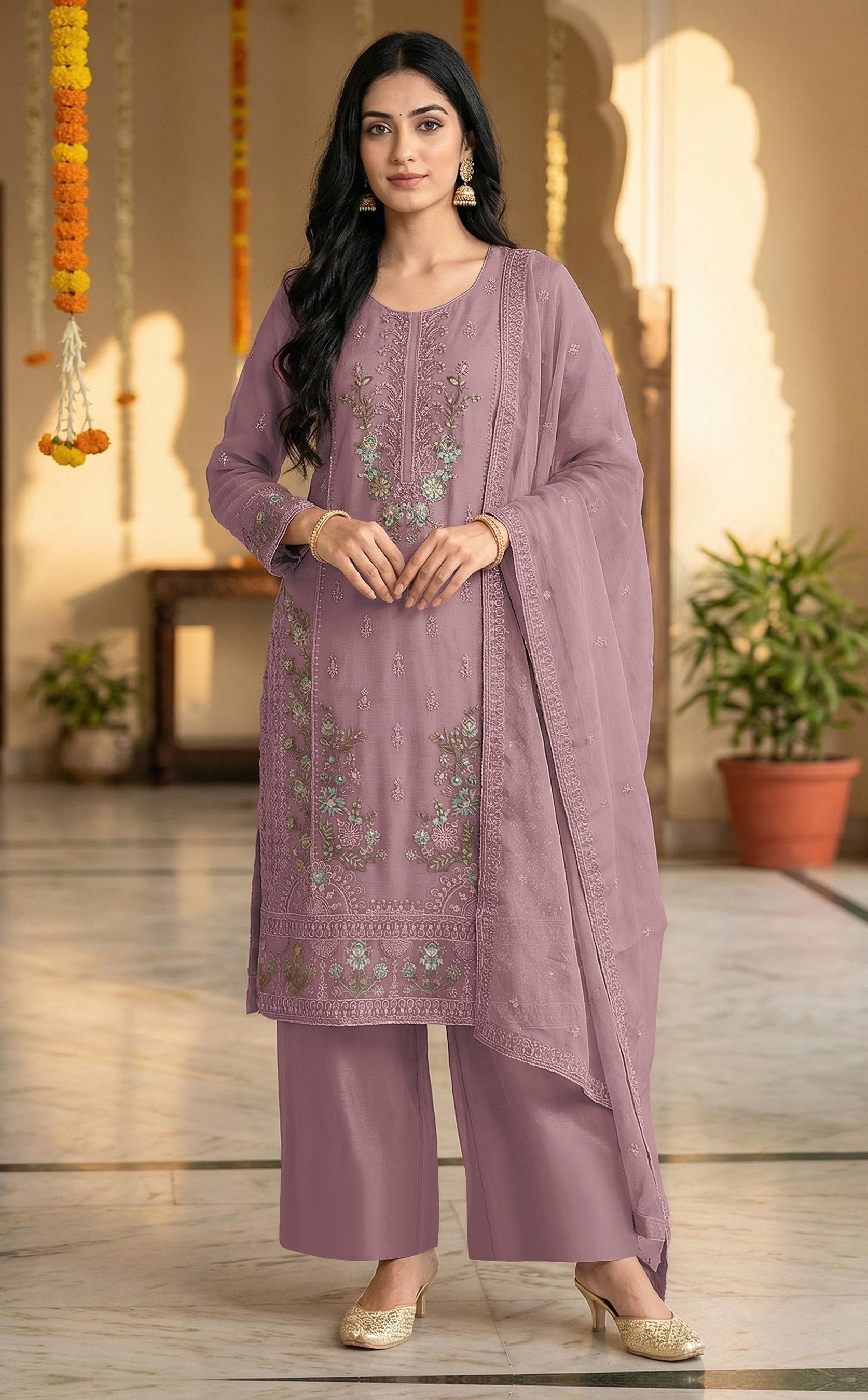 Mauve Floral Embroidered Chiffon Salwar Suit