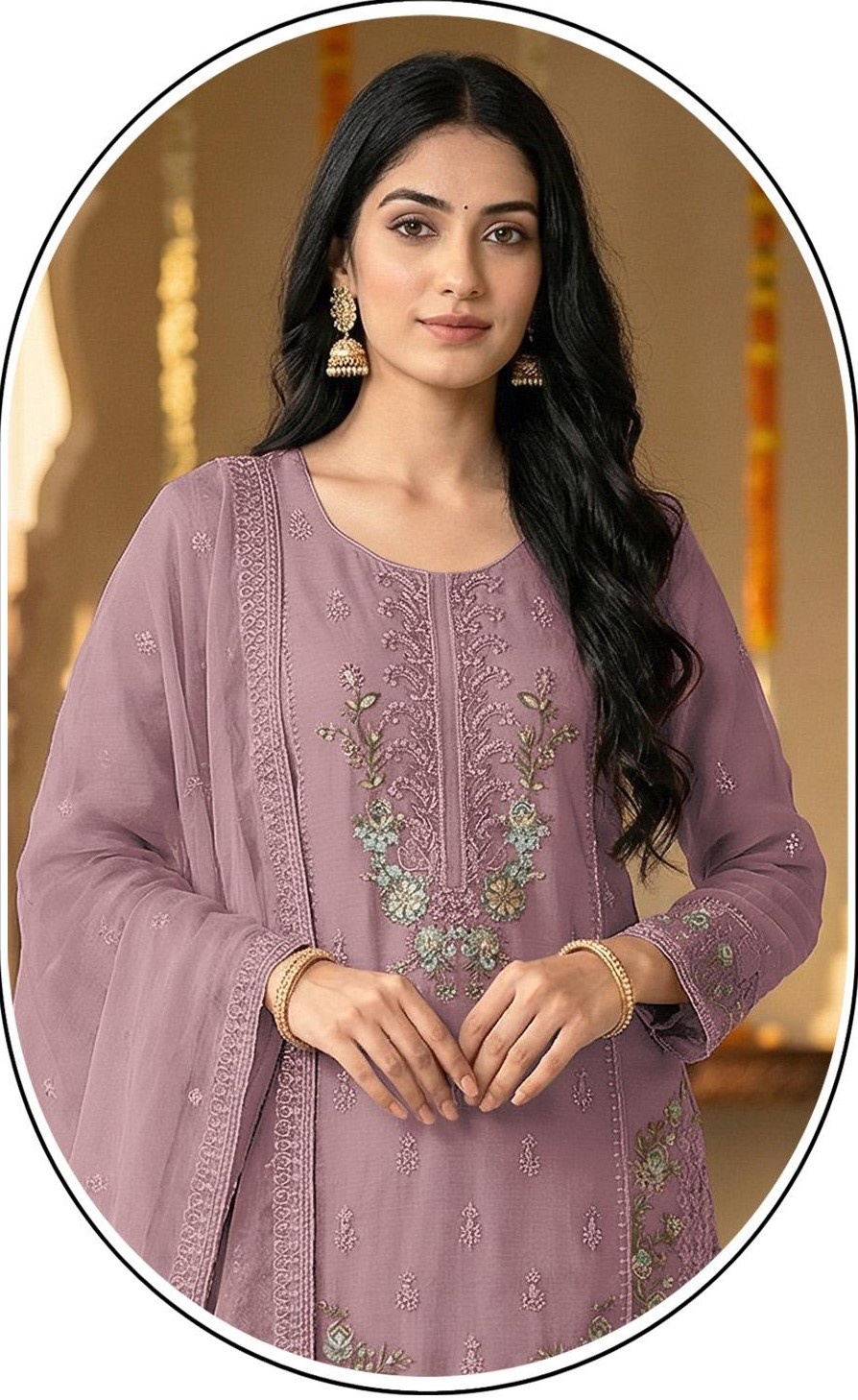 Mauve Floral Embroidered Chiffon Salwar Suit — alternate view