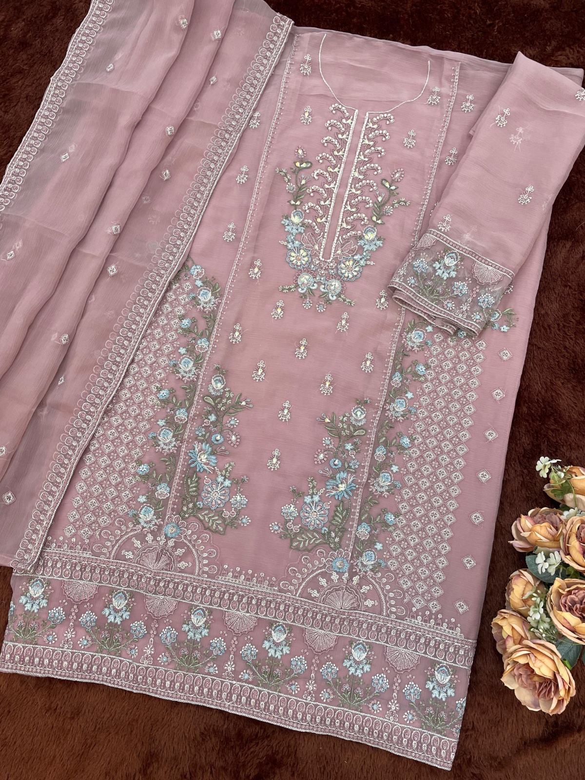Mauve Floral Embroidered Chiffon Salwar Suit