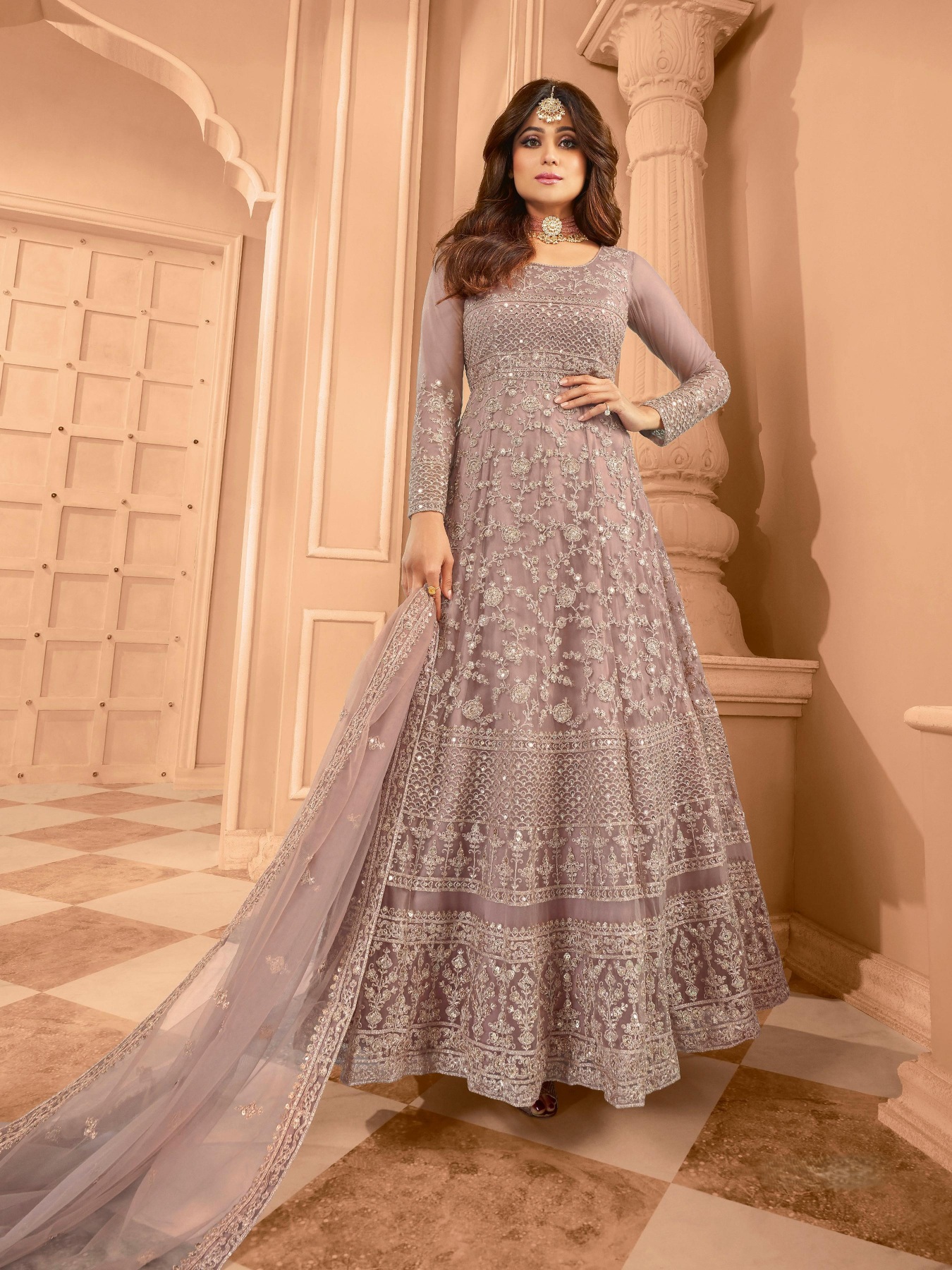 Mauve Floral Embroidered Net Anarkali Suit