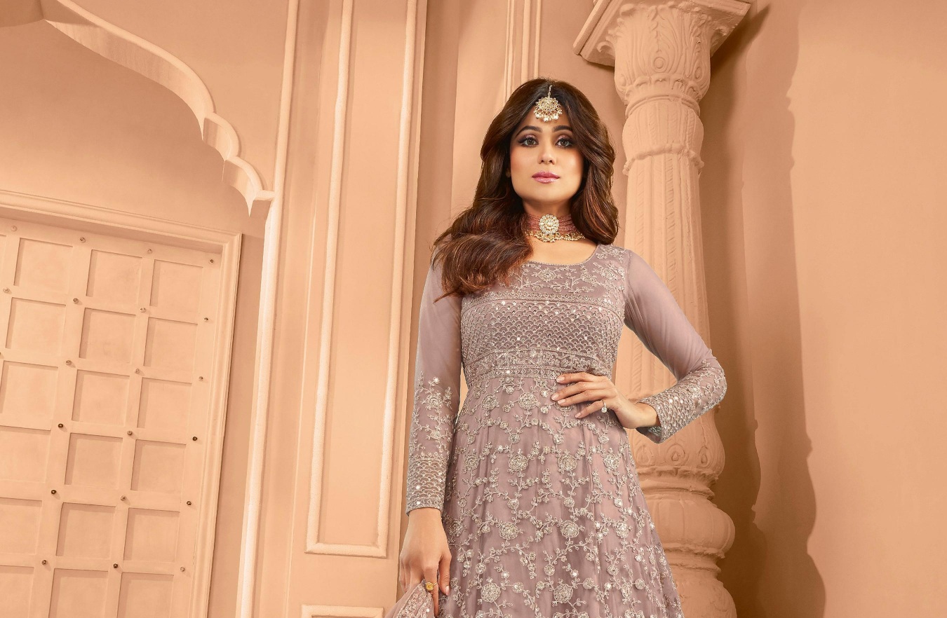Mauve Floral Embroidered Net Anarkali Suit