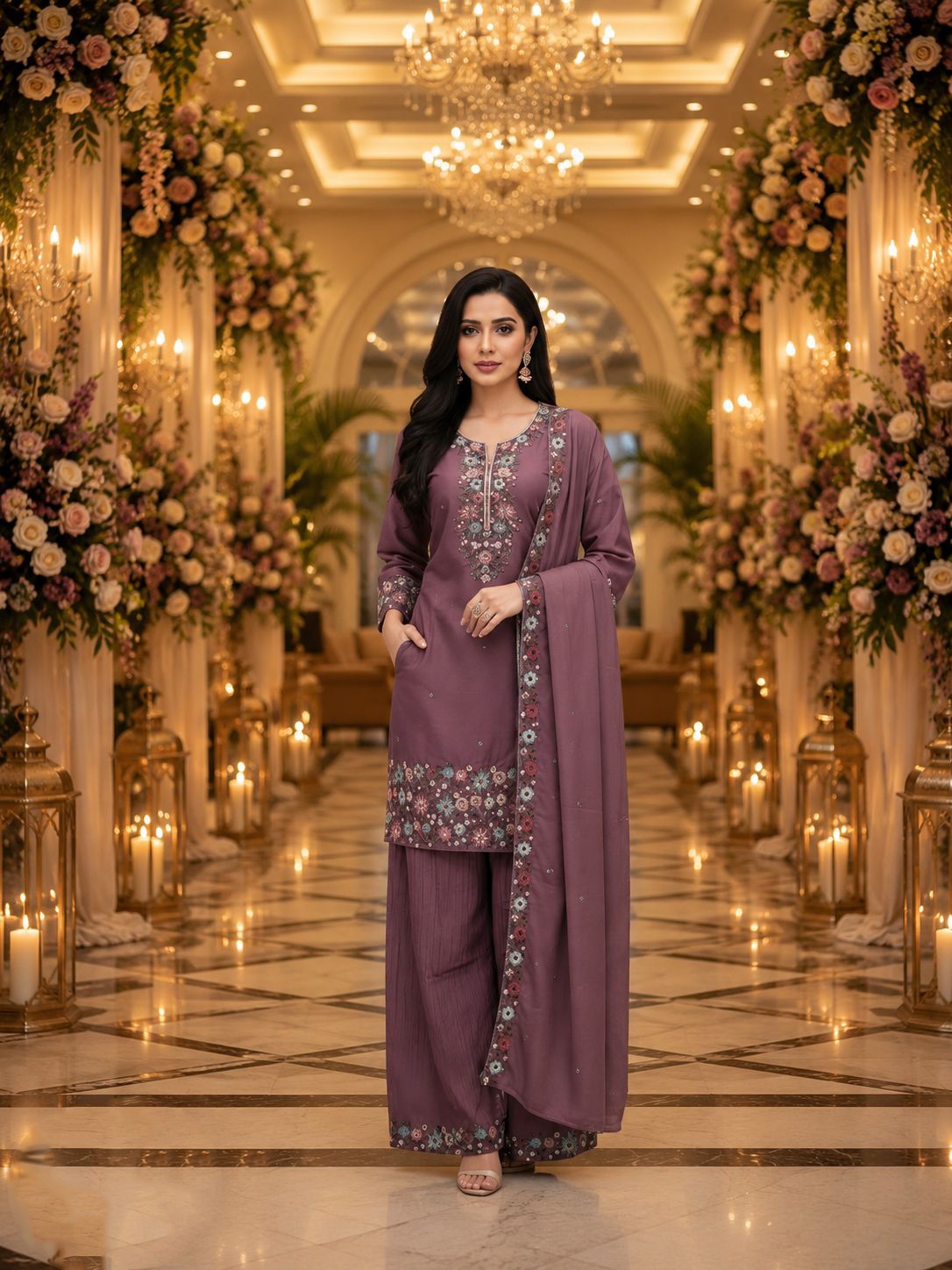 Mauve Floral Embroidery Roman Simmer Palazzo Suit